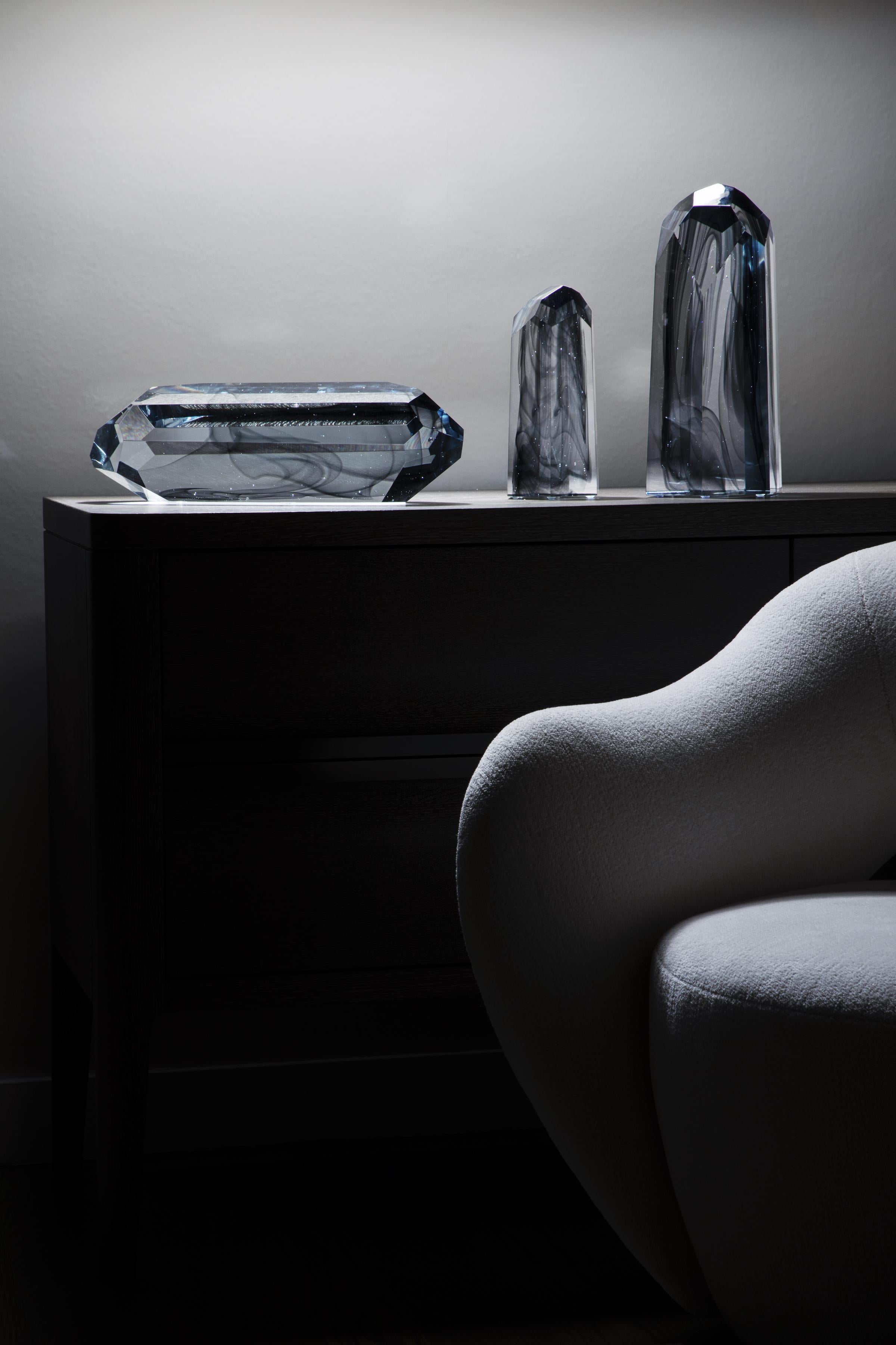 Contemporary HOLLY HUNT Standing Gem 10″ in Smoke Grey Hand Formed Glass by Eva Fehren