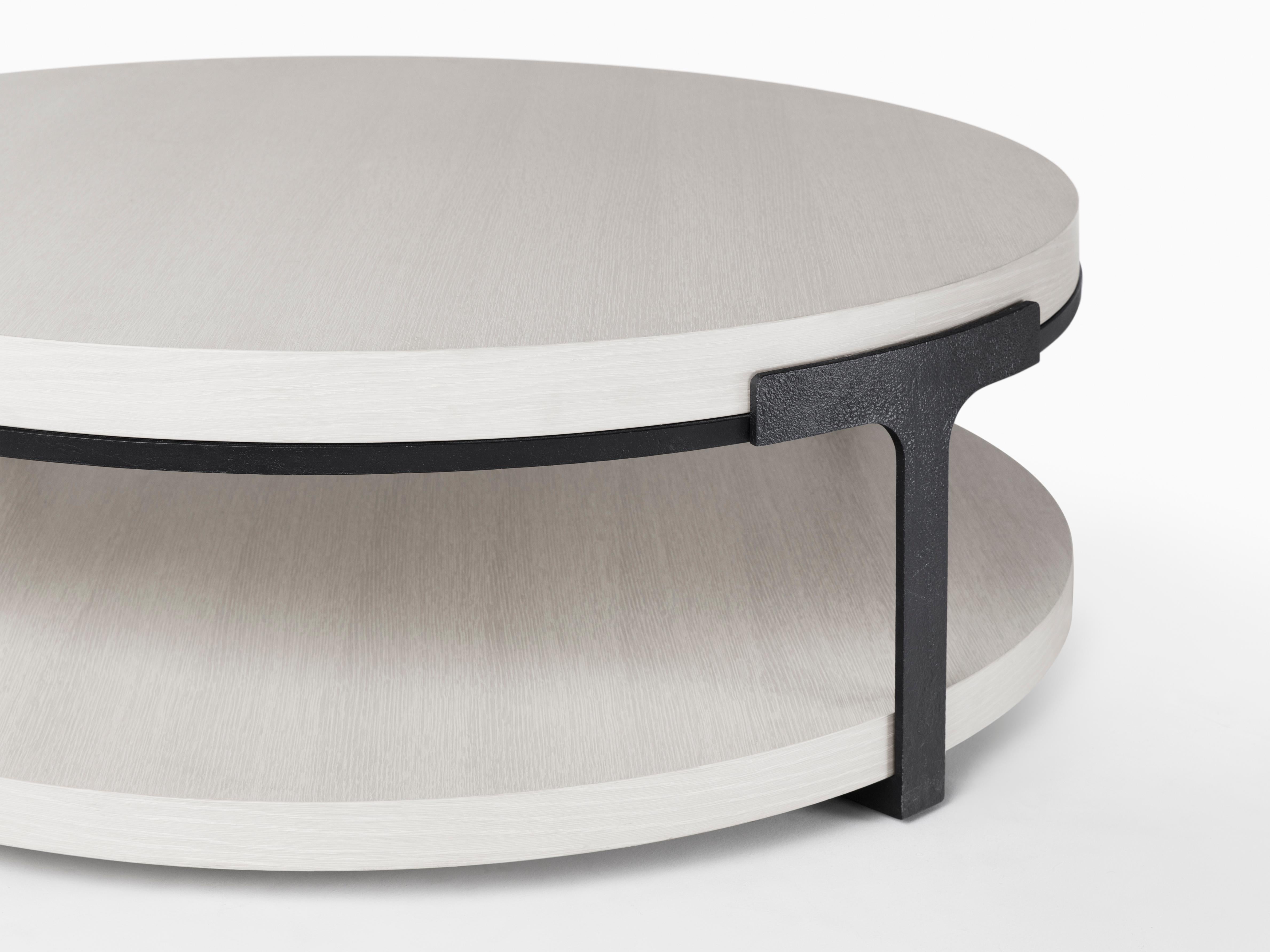 Modern HOLLY HUNT Tudor Round Cocktail Table with Oak Alpine Top and Metal Base