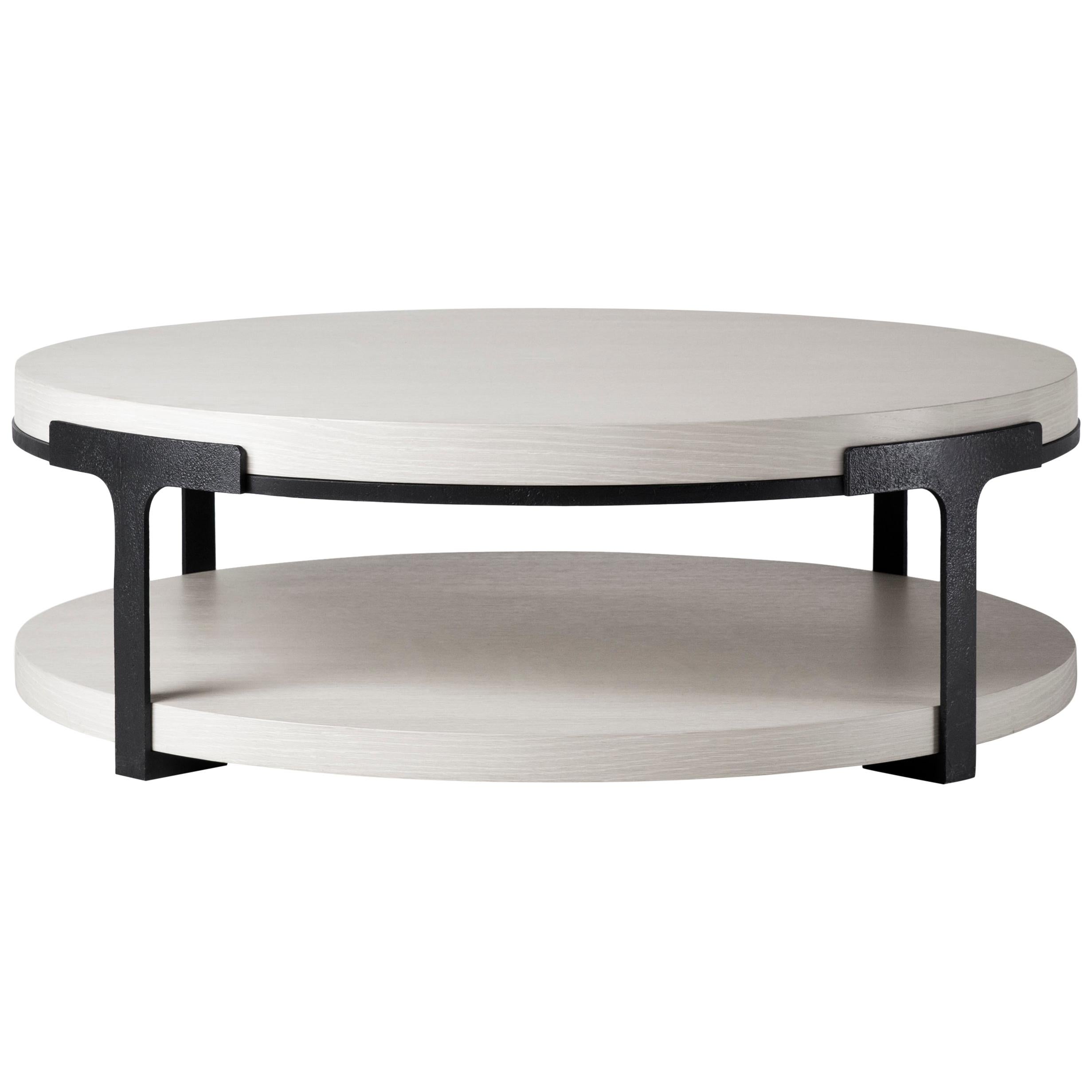 HOLLY HUNT Tudor Round Cocktail Table with Oak Alpine Top and Metal Base