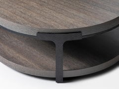 HOLLY HUNT Tudor Round Cocktail Table with Oak Top and Metal Base