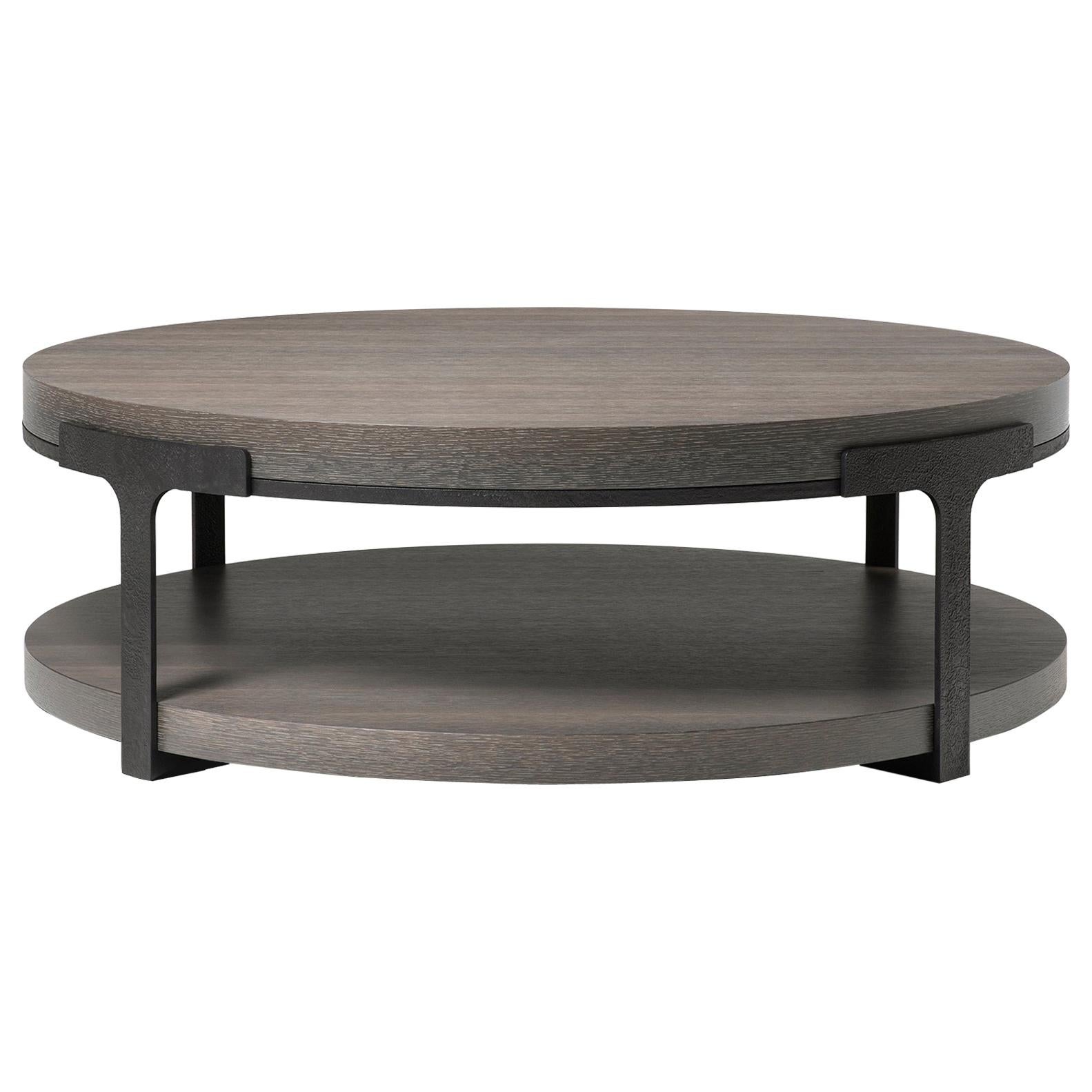 HOLLY HUNT Tudor Round Cocktail Table with Oak Top and Metal Base