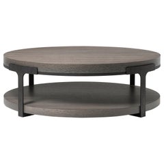 HOLLY HUNT Tudor Round Cocktail Table with Oak Top and Metal Base