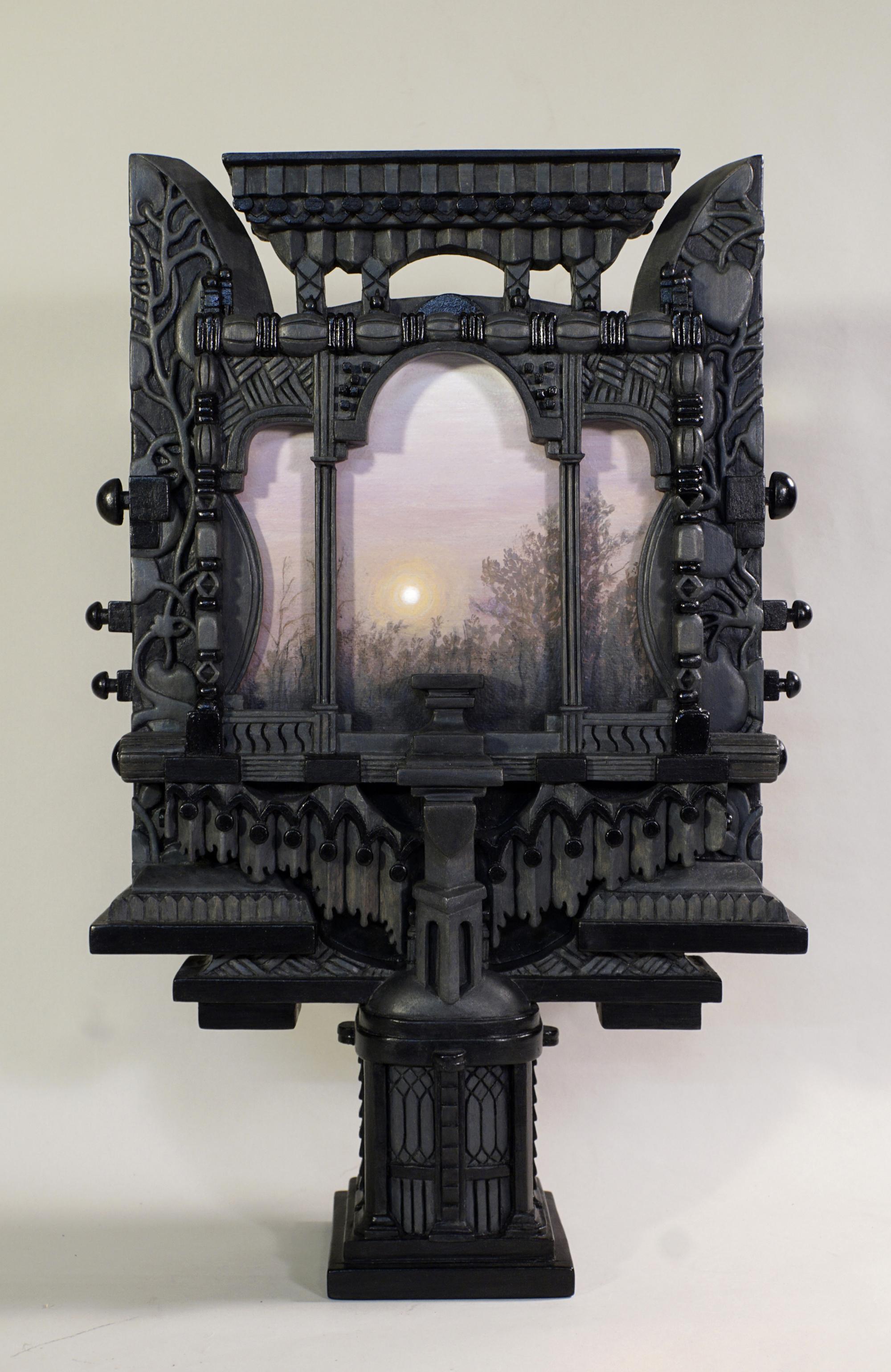 Zeitgenössische Wand-Skulptur, handgeschnitzte Holz-Assemblage, Acrylfarbe-Szenerie