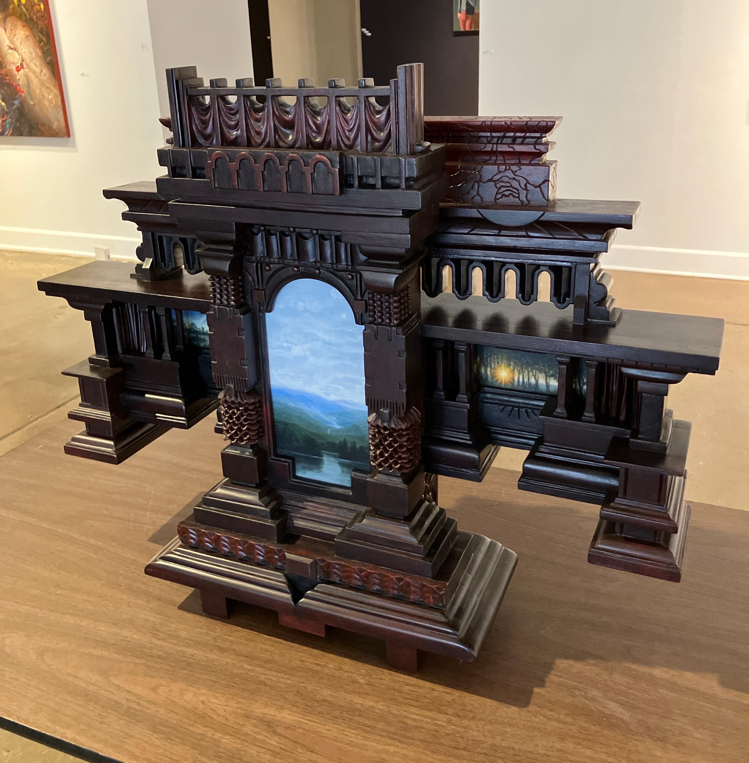 Hand Carved Wood, Assembled Sculpture, Hand Painted Landscapes, Wall Hanging For Sale 2