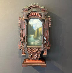 Legno intagliato a mano, scultura assemblata, paesaggio, applique, Holly Lane's