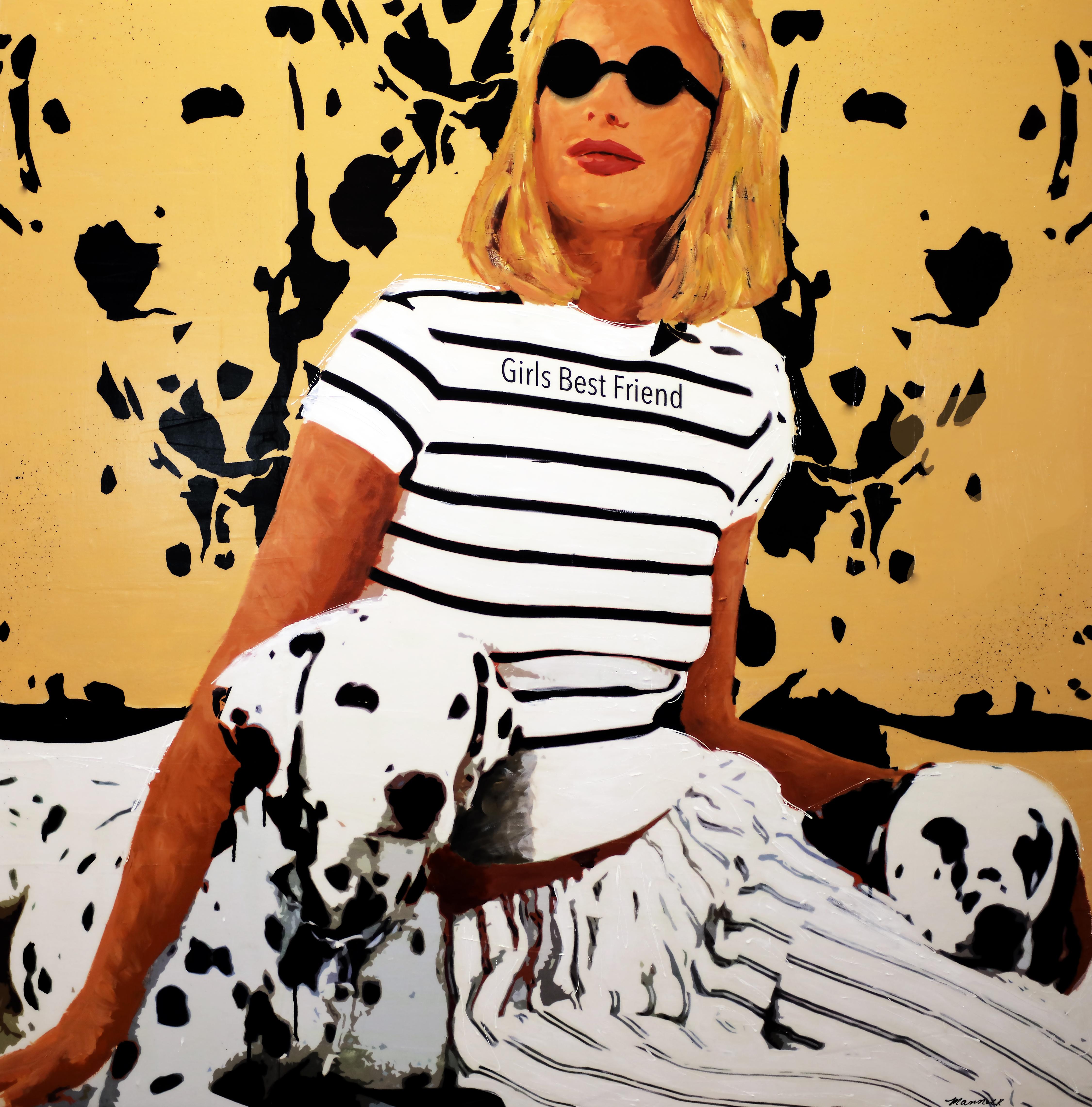 Holly Manneck Figurative Painting - "Girl's Best Friend" Mixed media painting of woman and Dalmatian, yellow behind