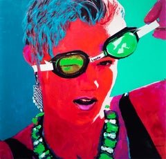 "Leader" colorful mixed media painting of a female swimmer taking off goggles