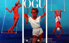 "Water's Edge" Mixed media triptych, Vogue cover of woman in swimsuits on swings