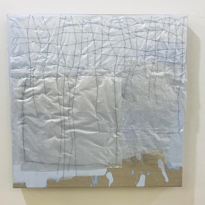 Holly Miller Abstract Painting - Nuvola- abstract painting, mixed media, with plastic bags, acrylic on linen