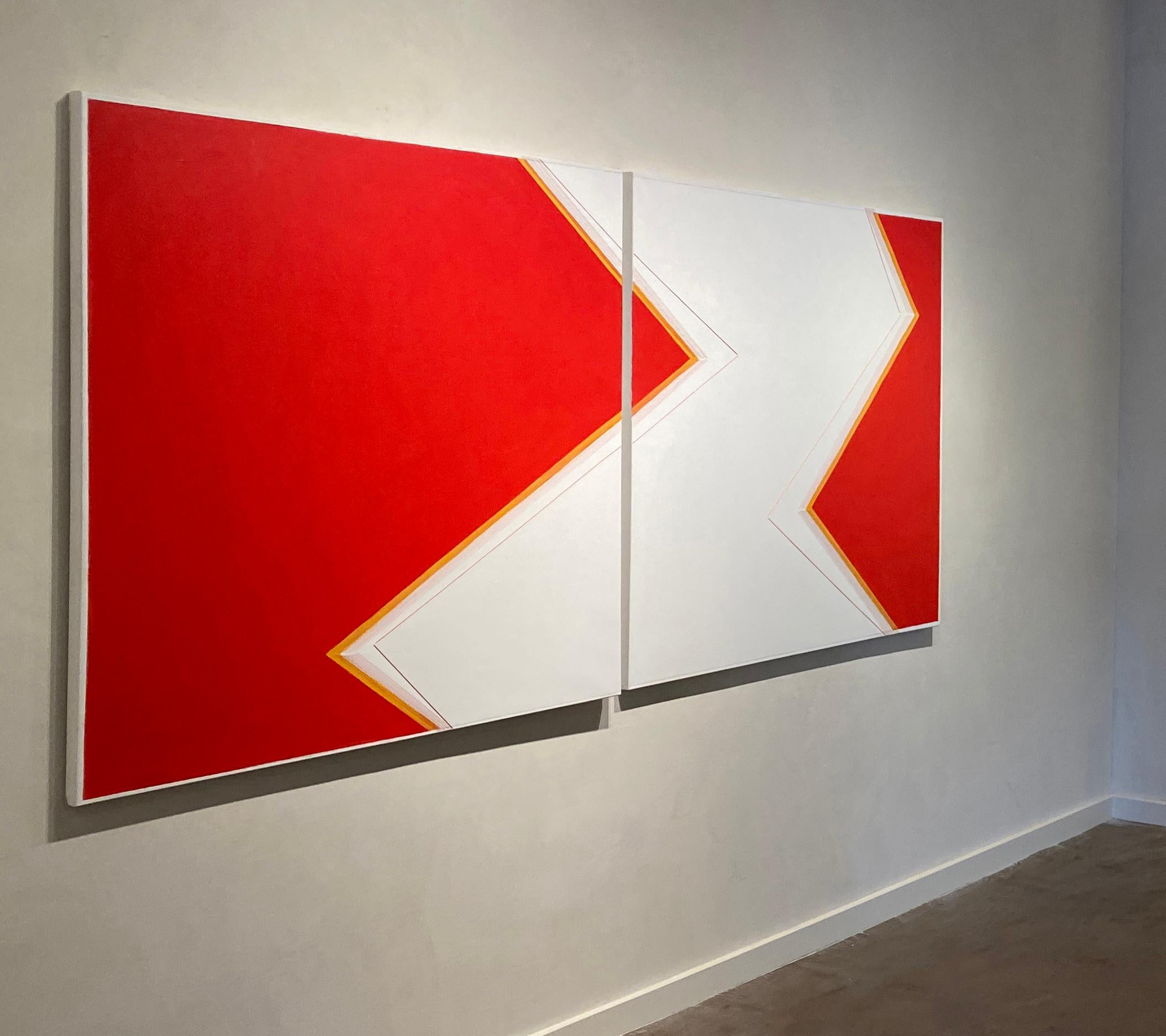 This graphic white, and red diptych by Holly Miller has pop-like shapes that extend above and below.  This is a bold and graphic painting that would brighten any room.

New York based painter Holly Miller pushes our preconceived understanding of