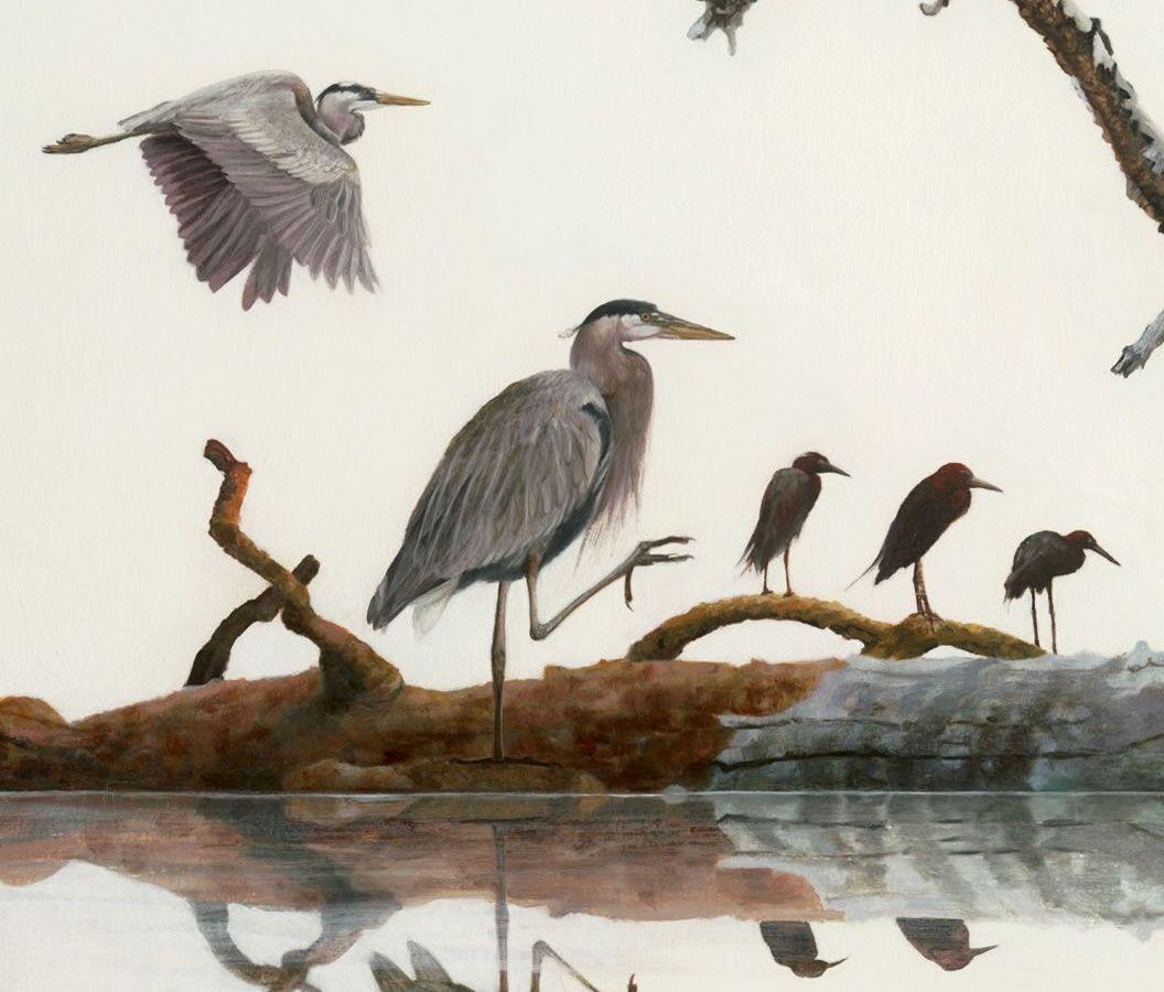 North Number Five, Great Blue Heron, Reddish Egret, Green Heron on Tree Branch - Painting by Holly Sears