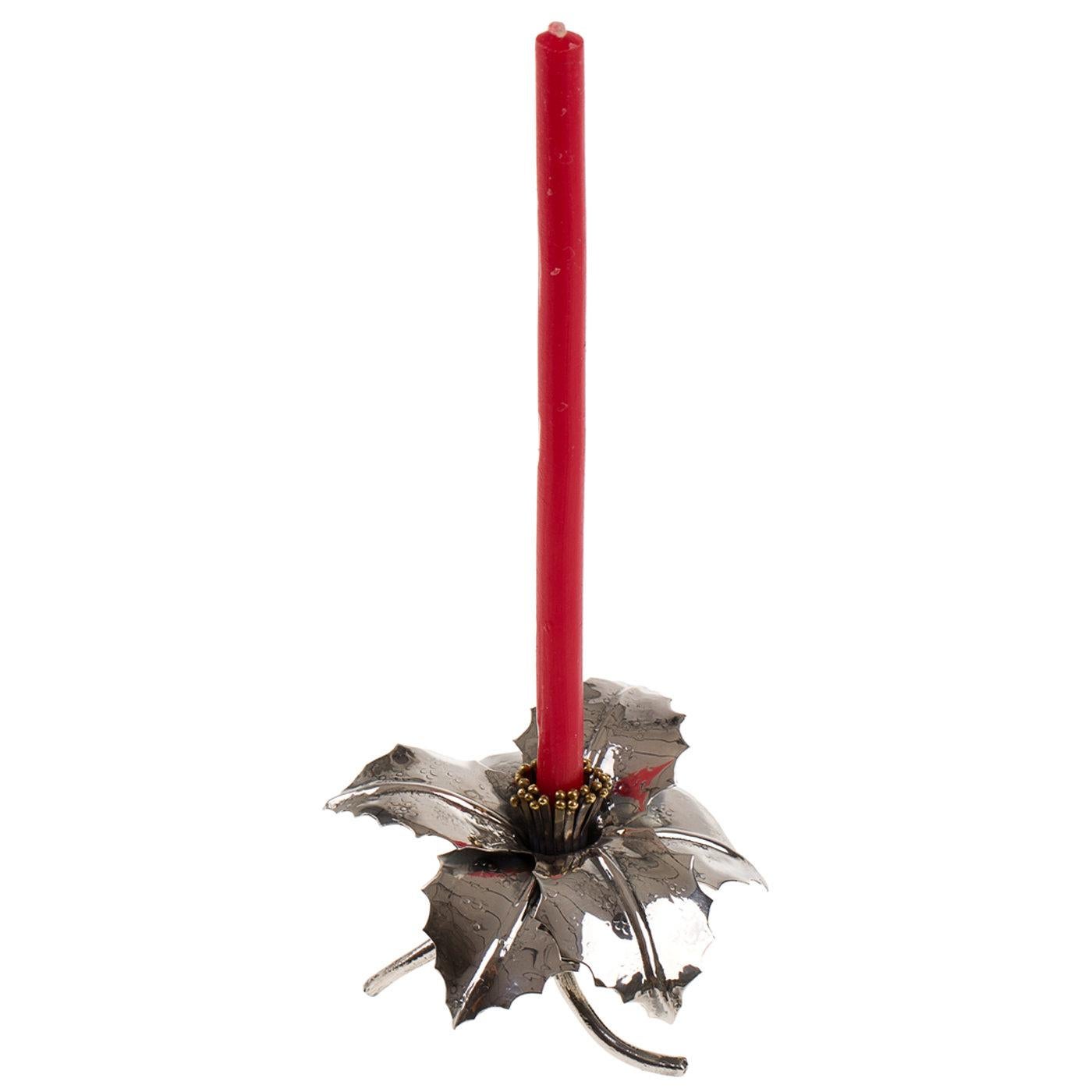 Italian Holly Sterling Silver Candle Holder For Sale