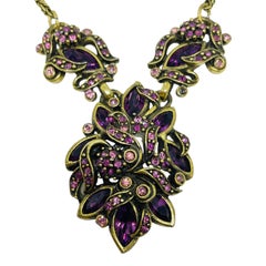 HOLLYCRAFT signiert Vintage Gold Ton Amethyst Strass Halskette Ohrringe Set