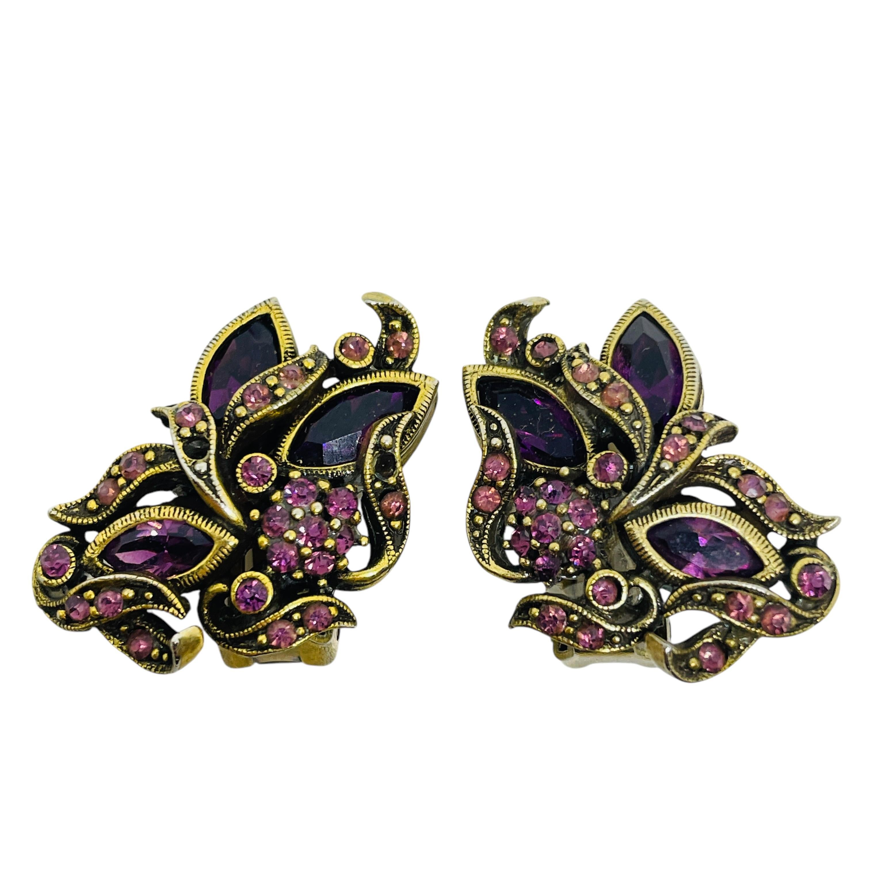 HOLLYCRAFT signiert Vintage Gold Ton Amethyst Strass Halskette Ohrringe Set im Angebot 1