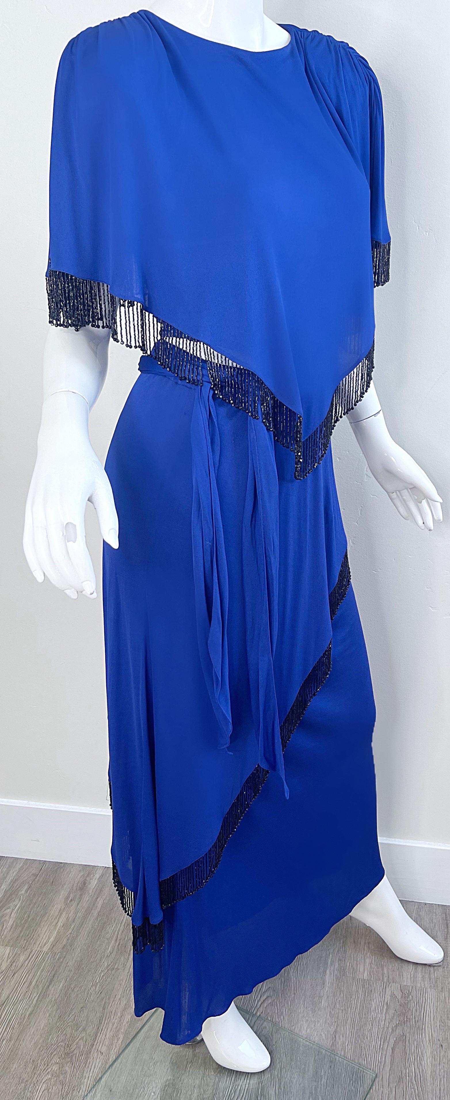 Holly’s Harp 1970s Royal Blue Silk Jersey Beaded 3 Piece Vintage 70s Ensemble For Sale 6