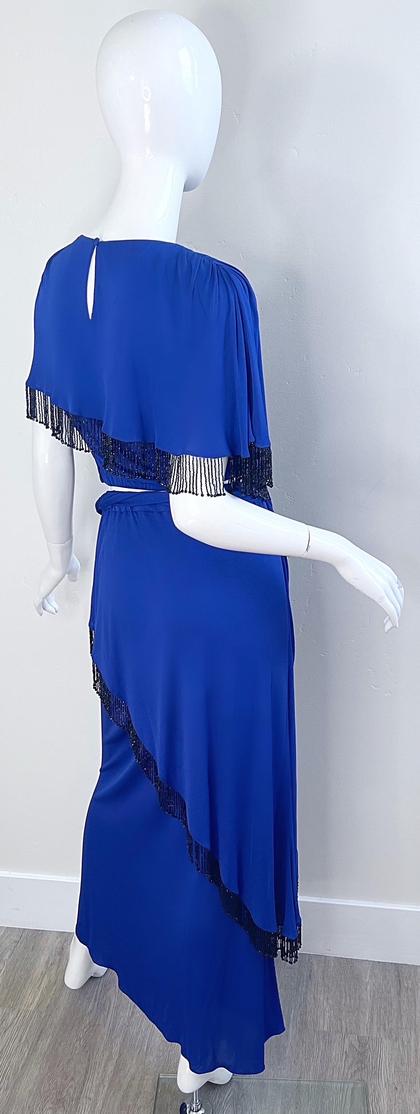 Holly’s Harp 1970s Royal Blue Silk Jersey Beaded 3 Piece Vintage 70s Ensemble For Sale 7