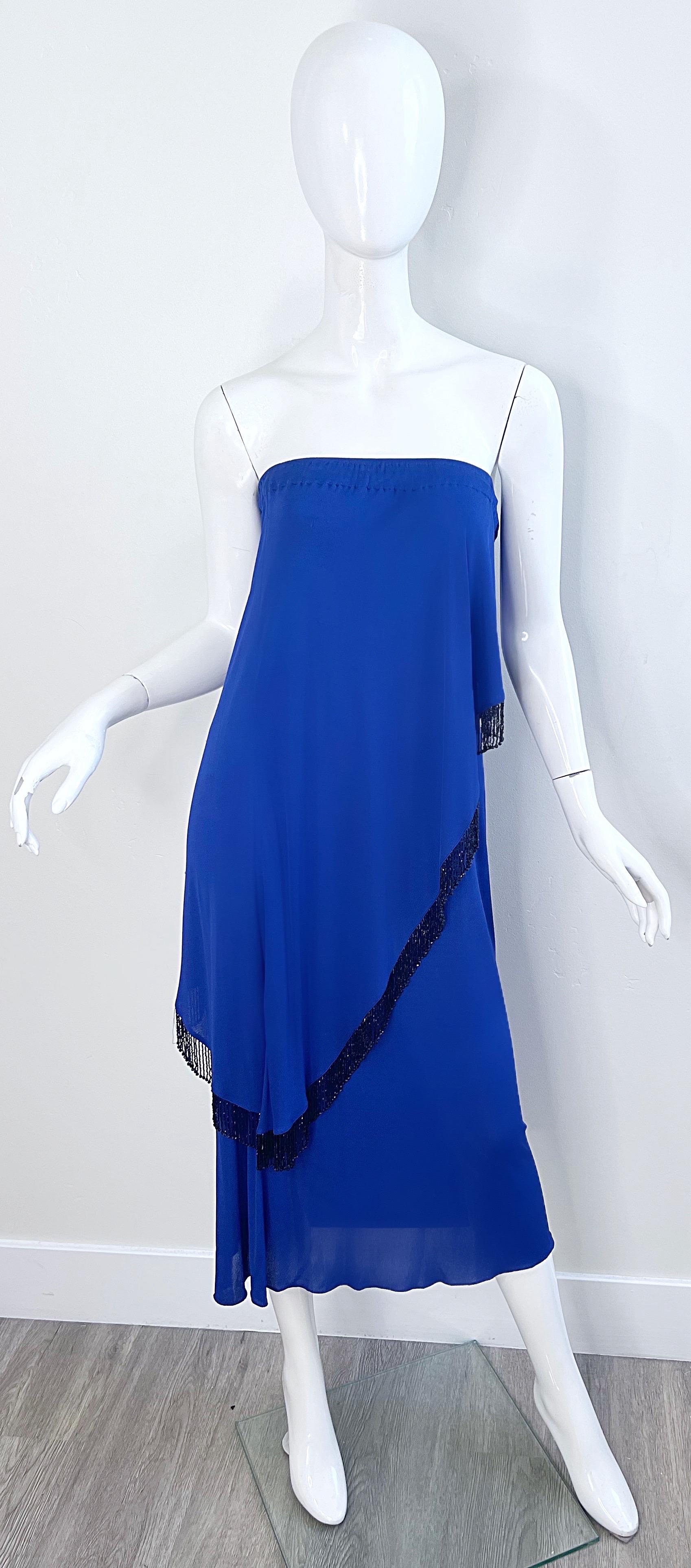 Holly’s Harp 1970s Royal Blue Silk Jersey Beaded 3 Piece Vintage 70s Ensemble For Sale 8