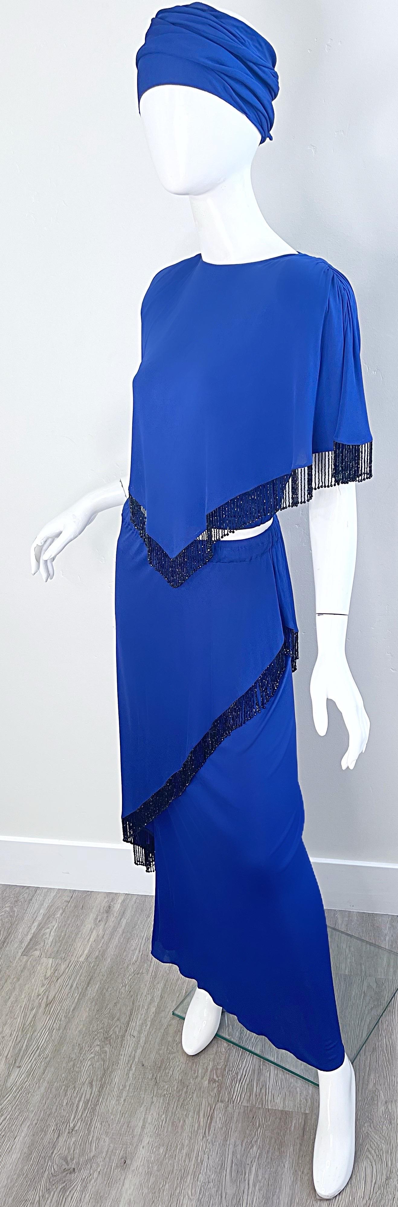 Holly’s Harp 1970s Royal Blue Silk Jersey Beaded 3 Piece Vintage 70s Ensemble For Sale 10