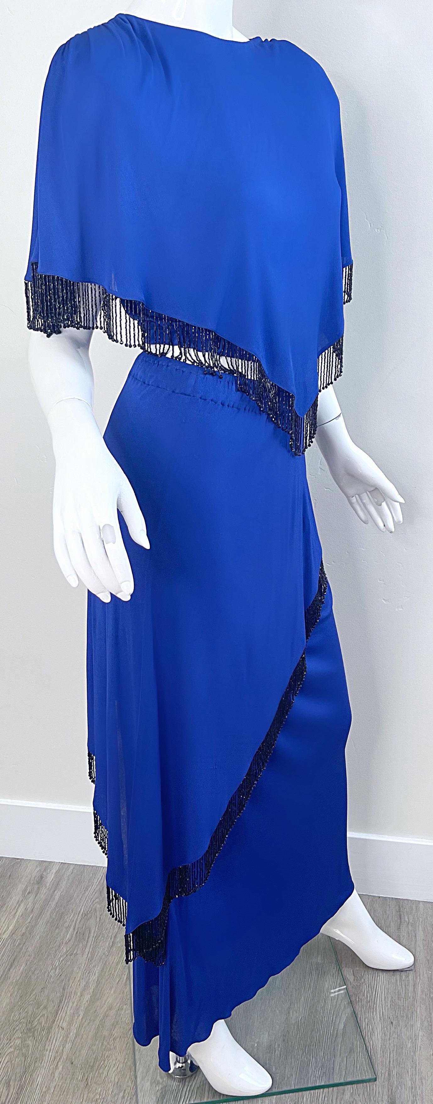 Holly’s Harp 1970s Royal Blue Silk Jersey Beaded 3 Piece Vintage 70s Ensemble For Sale 11