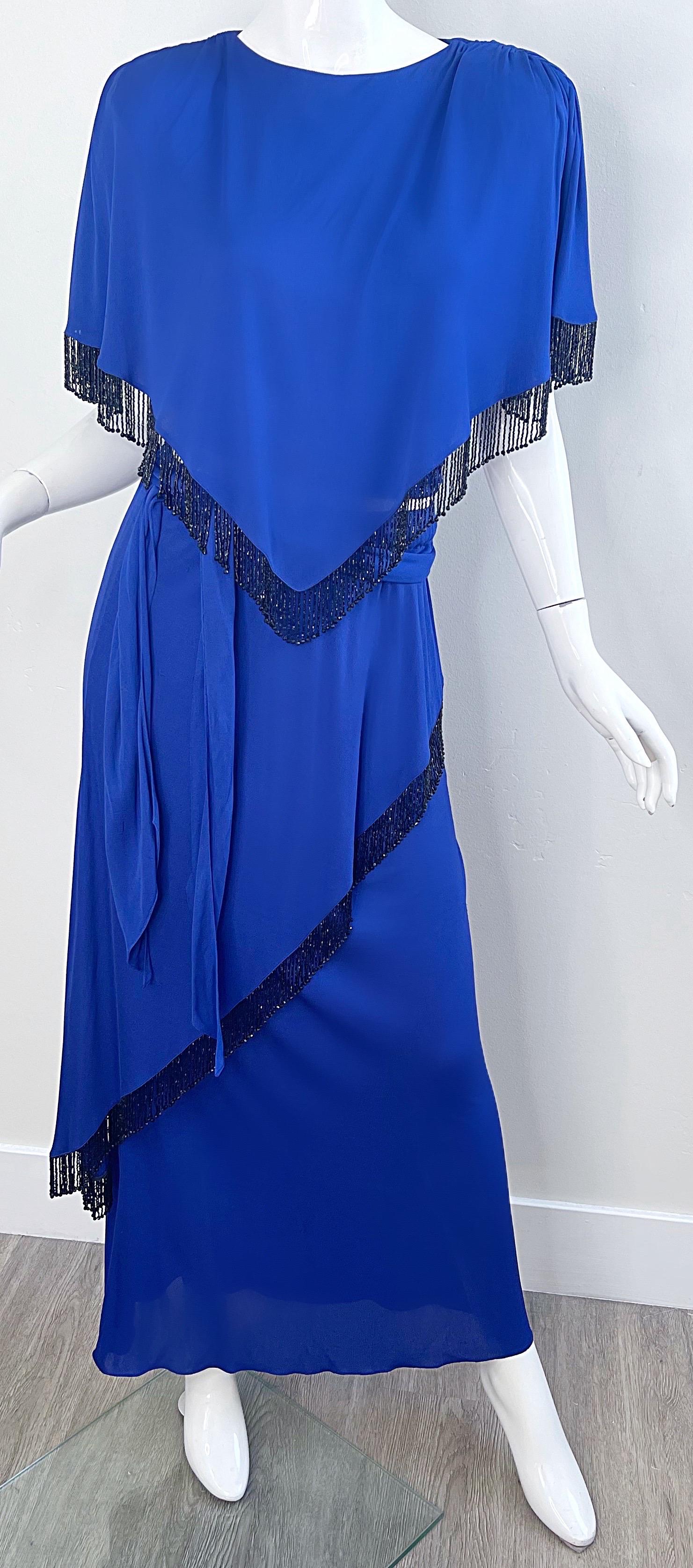 Holly’s Harp 1970s Royal Blue Silk Jersey Beaded 3 Piece Vintage 70s Ensemble For Sale 13