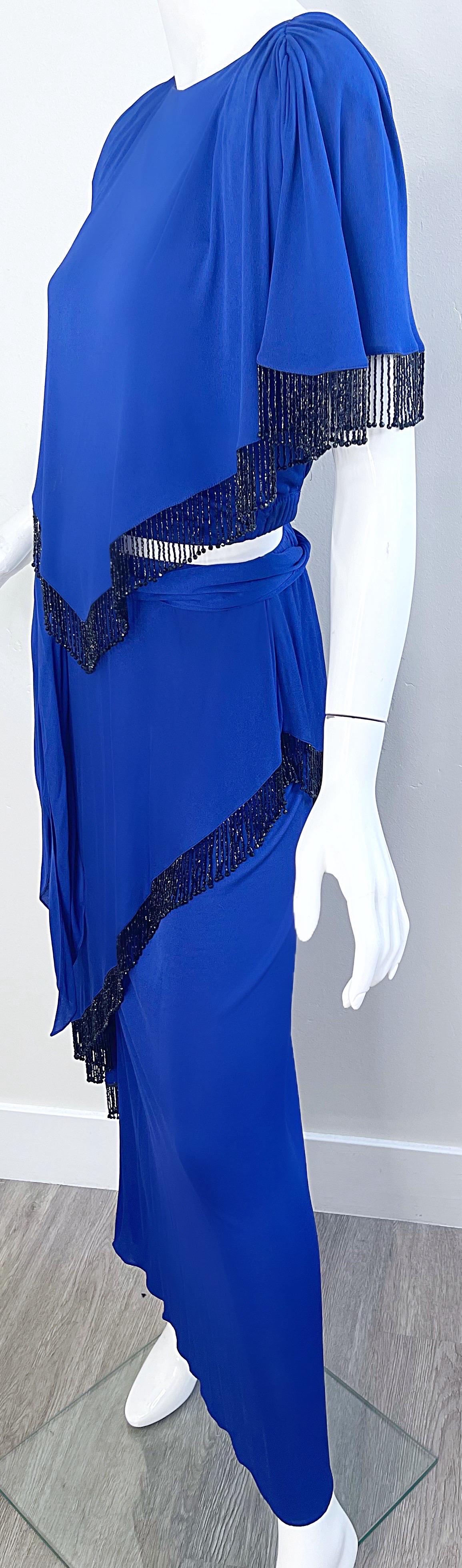 Holly’s Harp 1970s Royal Blue Silk Jersey Beaded 3 Piece Vintage 70s Ensemble For Sale 14