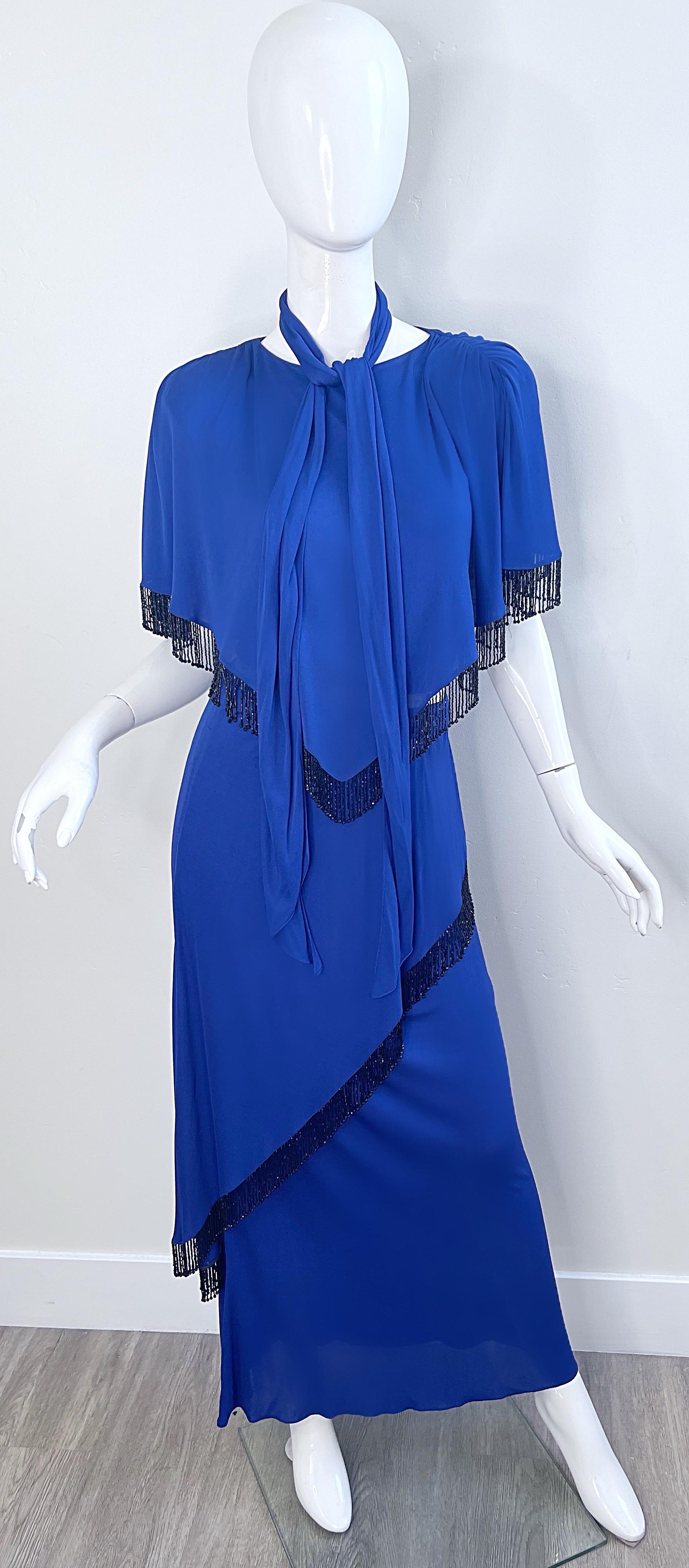 Holly’s Harp 1970s Royal Blue Silk Jersey Beaded 3 Piece Vintage 70s Ensemble For Sale 15