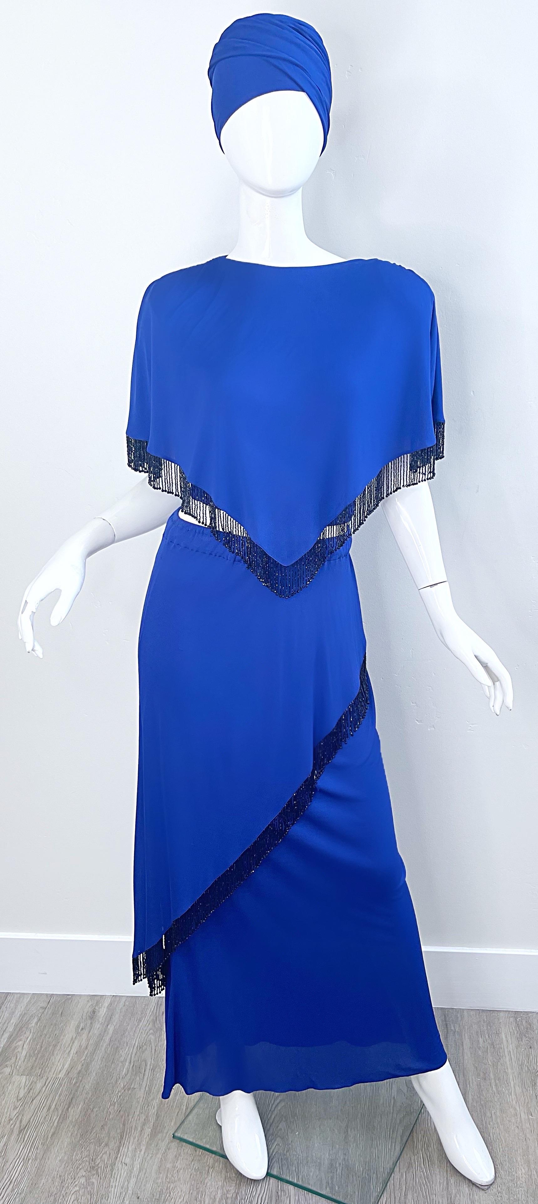 Holly’s Harp 1970s Royal Blue Silk Jersey Beaded 3 Piece Vintage 70s Ensemble For Sale 16
