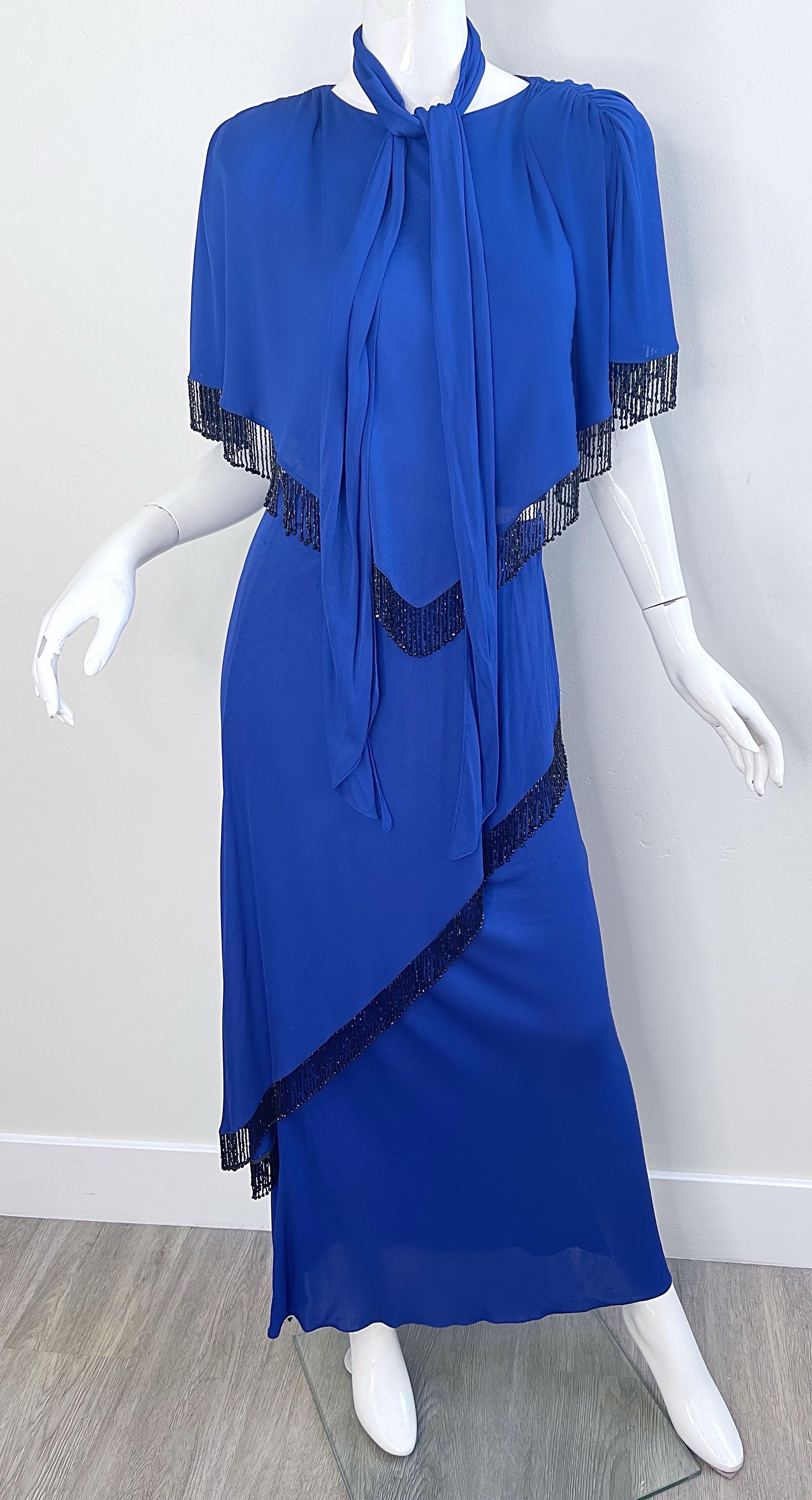Holly’s Harp 1970s Royal Blue Silk Jersey Beaded 3 Piece Vintage 70s Ensemble In Excellent Condition For Sale In San Diego, CA