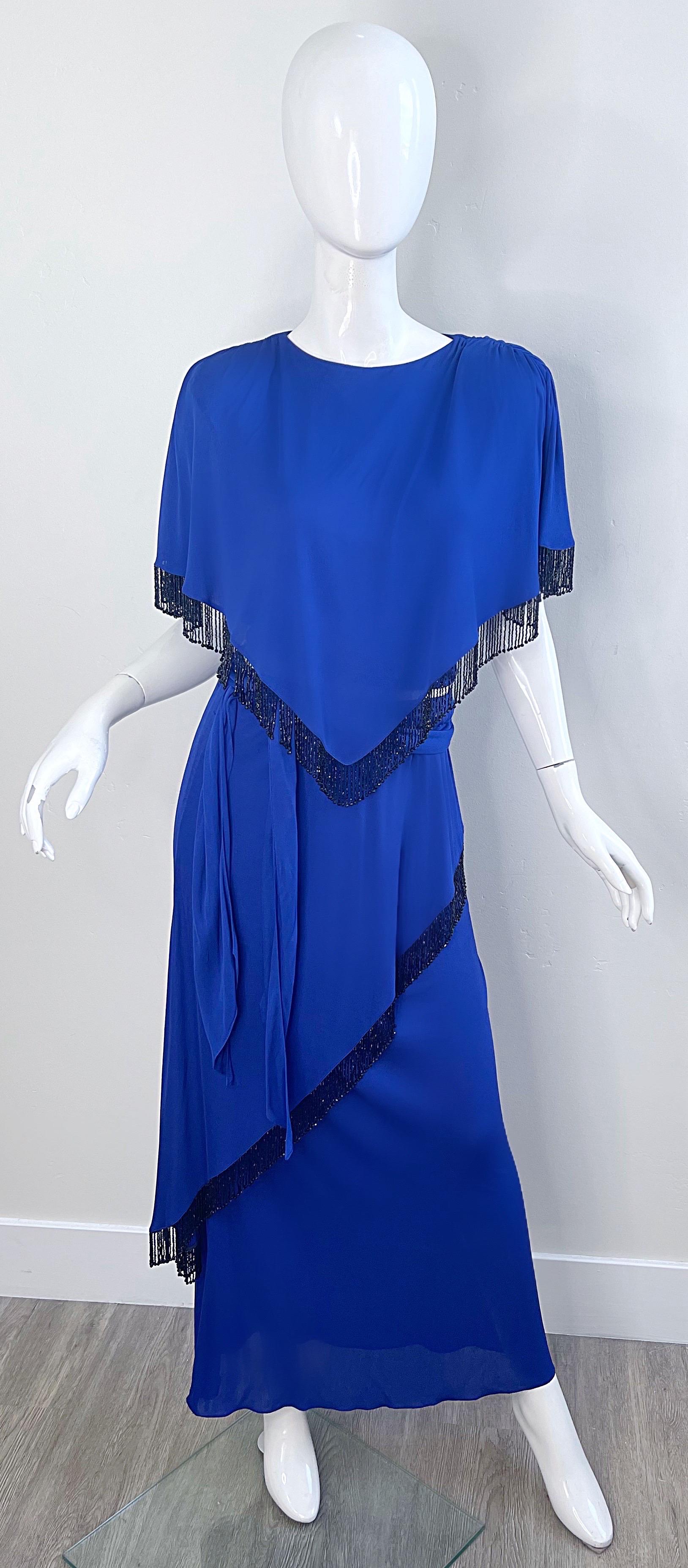 Donna Holly's Harp 1970s Royal Blue Silk Jersey Beaded 3 Piece Vintage 70s Ensemble in vendita