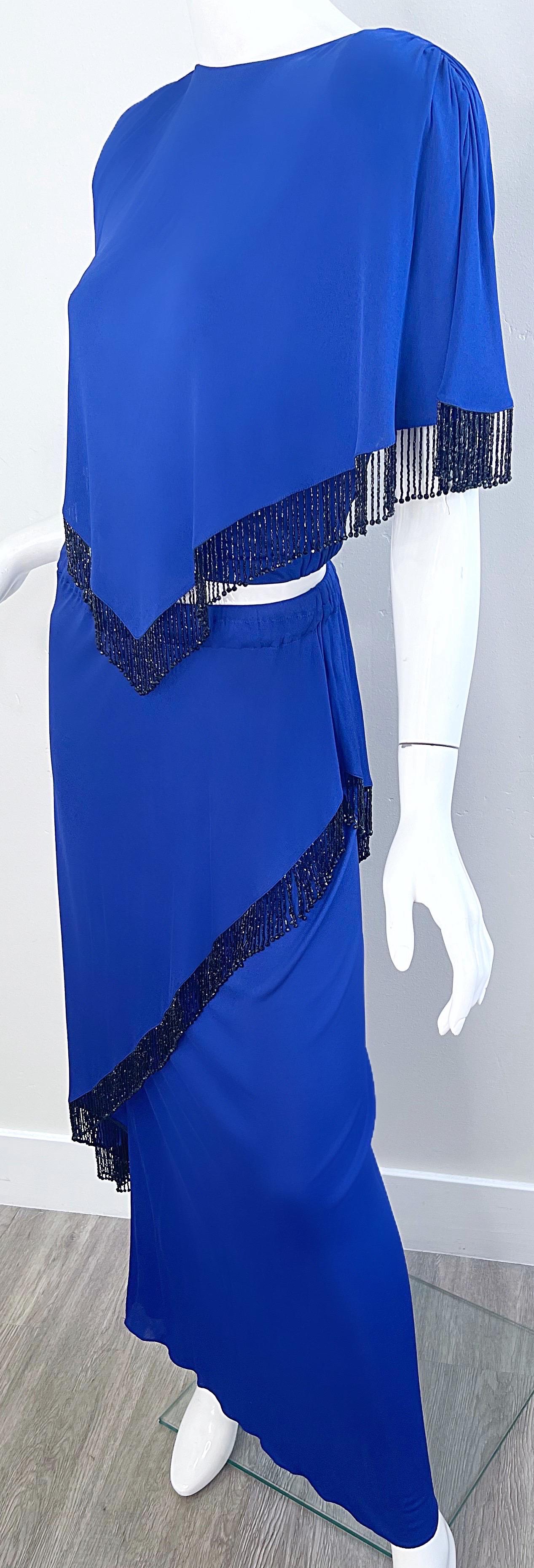 Holly’s Harp 1970s Royal Blue Silk Jersey Beaded 3 Piece Vintage 70s Ensemble For Sale 2
