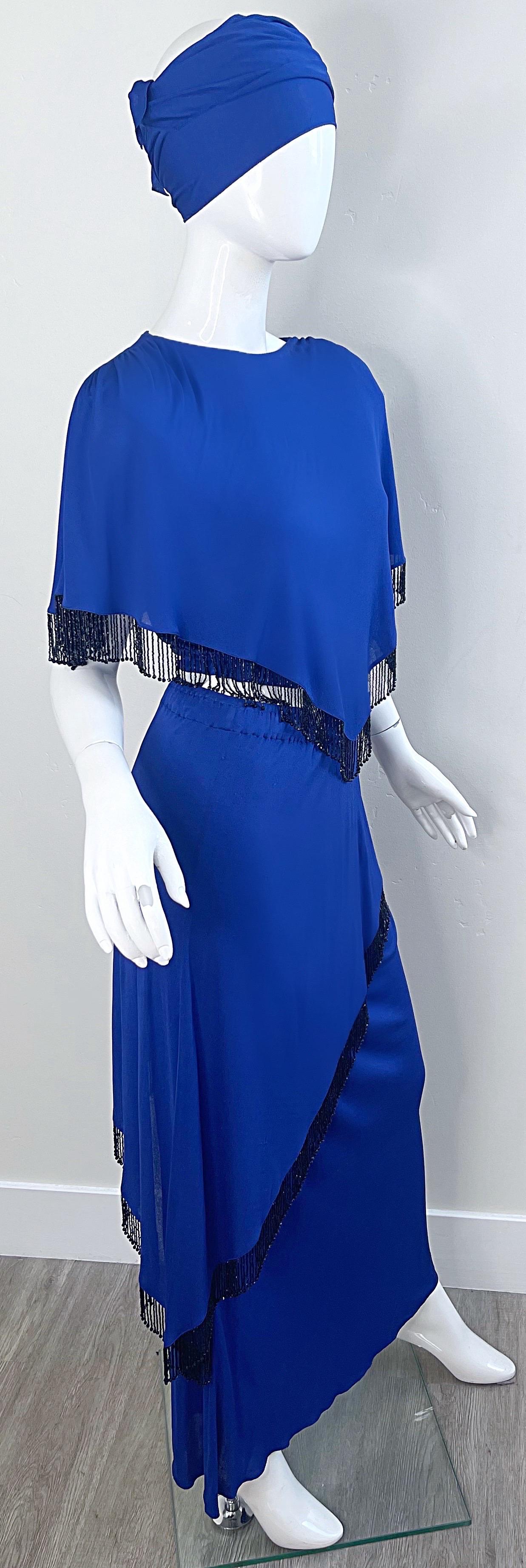 Holly’s Harp 1970s Royal Blue Silk Jersey Beaded 3 Piece Vintage 70s Ensemble For Sale 3