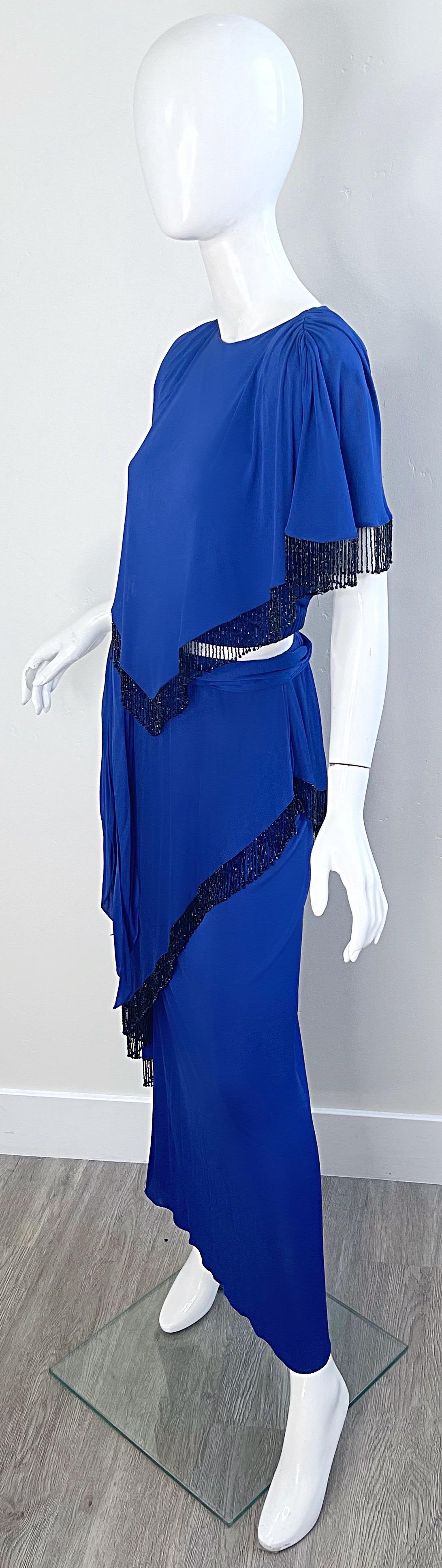 Holly’s Harp 1970s Royal Blue Silk Jersey Beaded 3 Piece Vintage 70s Ensemble For Sale 4