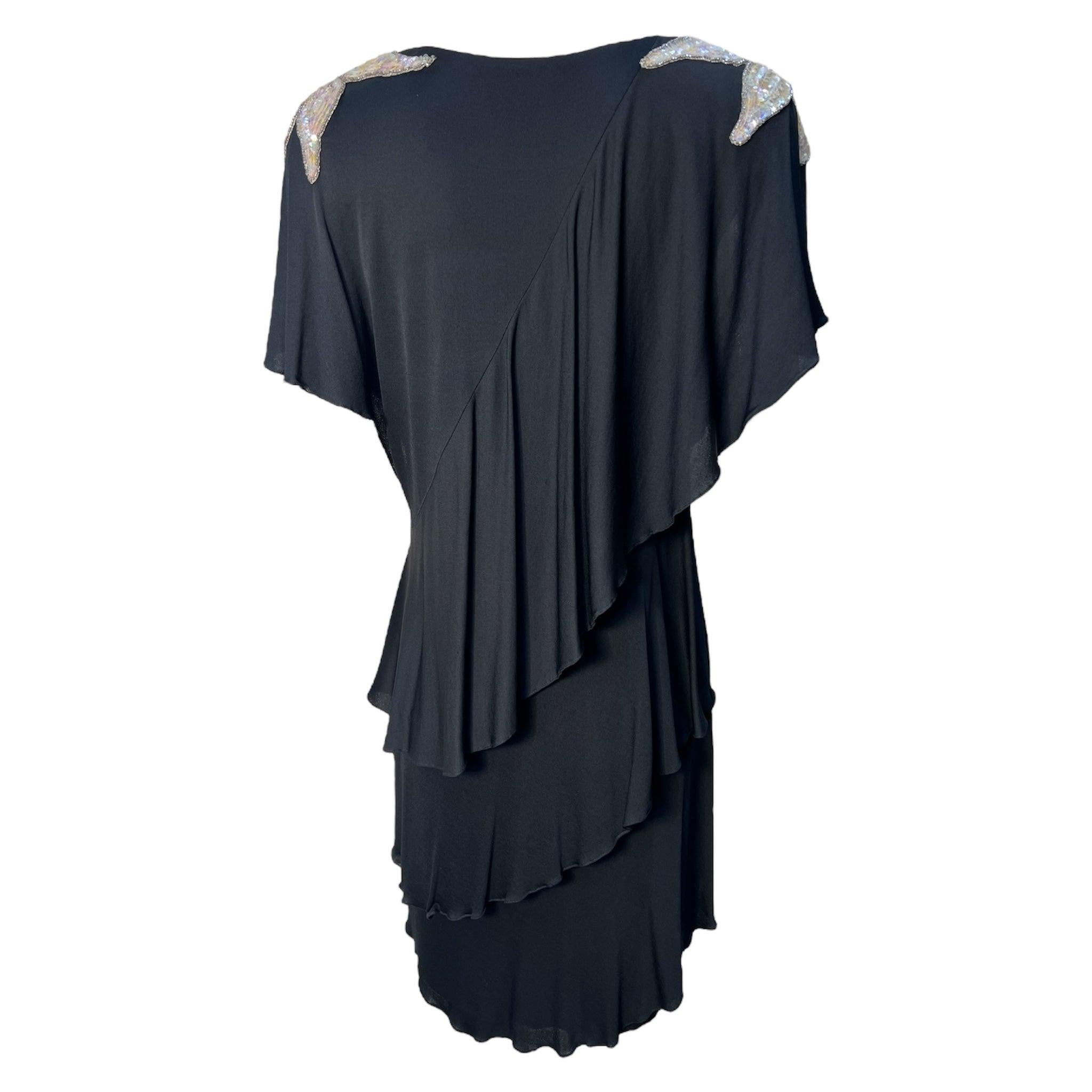 Noir Holly Harp Robe à volants en jersey de rayonne noir avec paillettes, années 1970 en vente