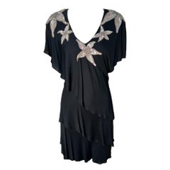 Holly's Harp Black Rayon Jersey Tiered Dress with Sequin, 1970s