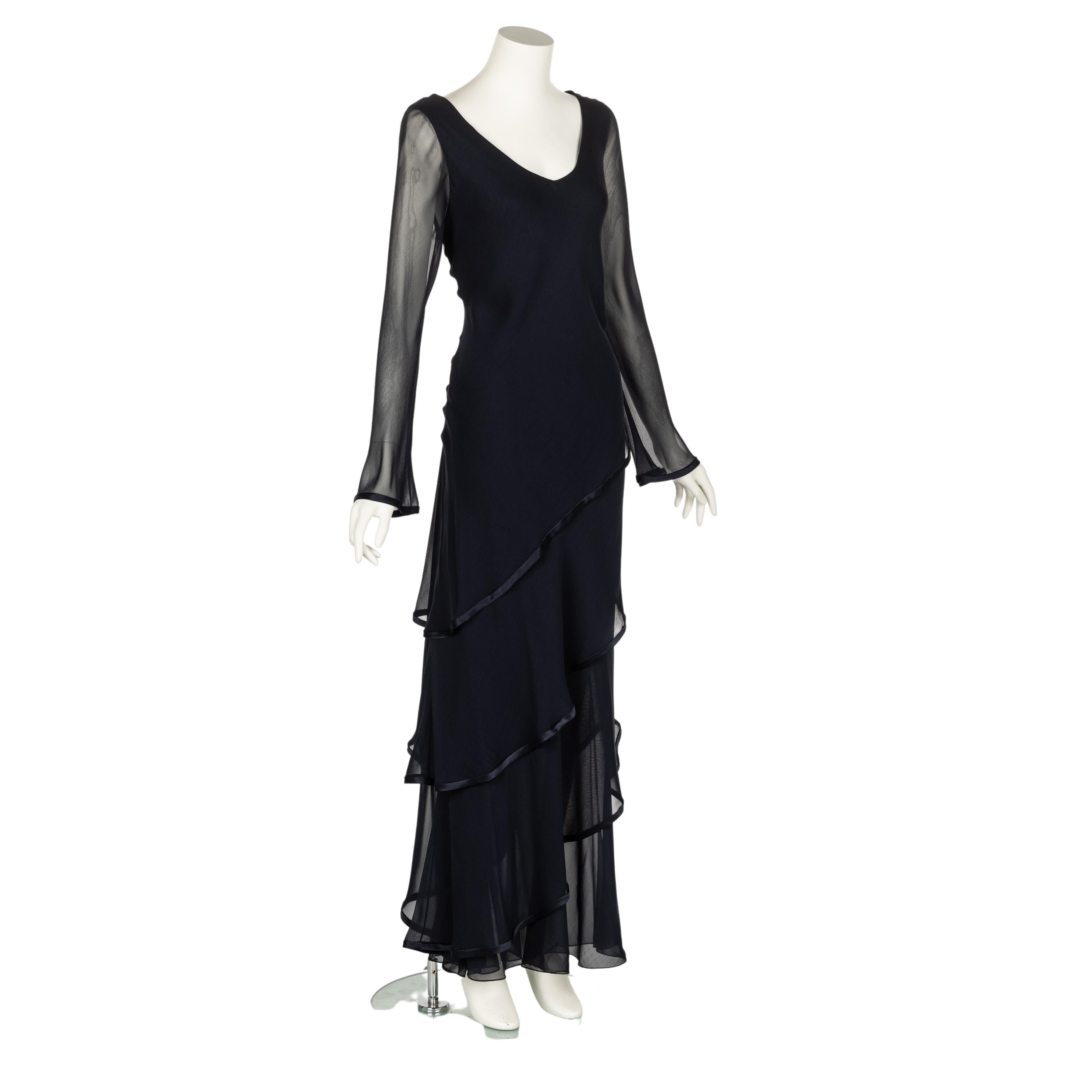 Women's Holly’s Harp Black Silk chiffon Layered Maxi Dress 1970s For Sale