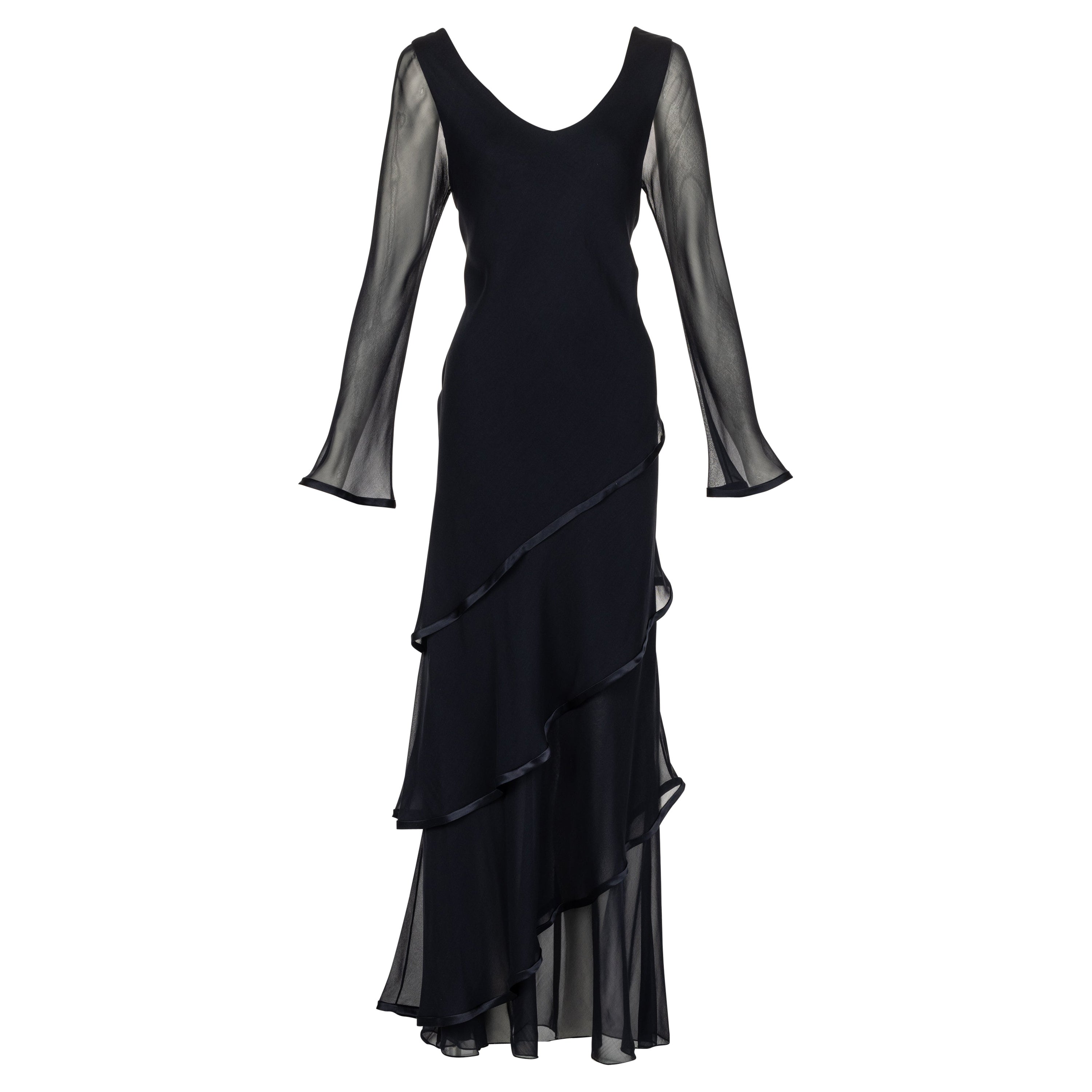 Hollys Harp Schwarzes Seidenchiffon Lagen-Maxikleid 1970er