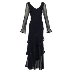 Vintage Holly’s Harp Black Silk chiffon Layered Maxi Dress 1970s