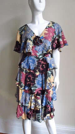 Holly Harp Silk Flower Print Ruffle Dress 1970s