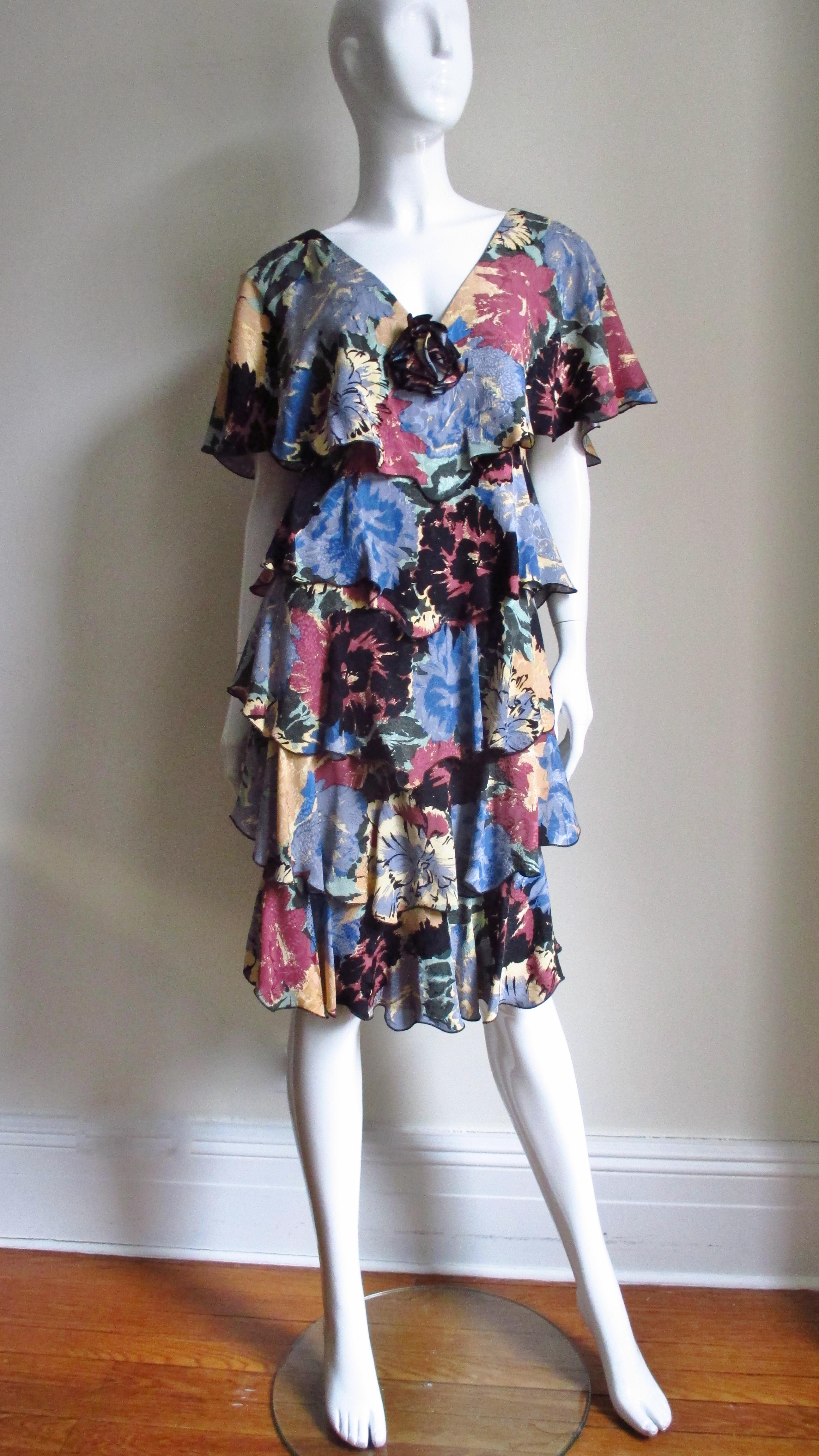 Holly Harp Silk Flower Print Ruffle Dress 1970s In Good Condition For Sale In Water Mill, NY