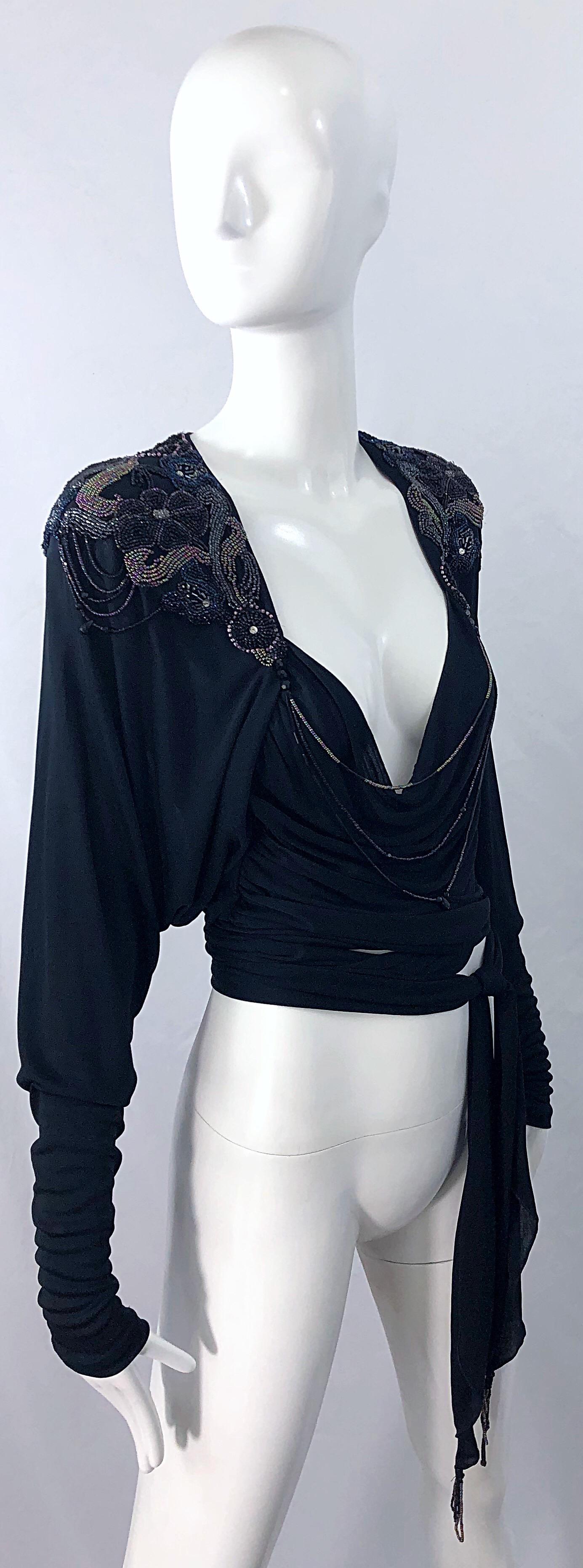 Holly's Harp Late 1970s Black Silk Jersey Beaded Vintage 70s Wrap Crop Top Shirt For Sale 4