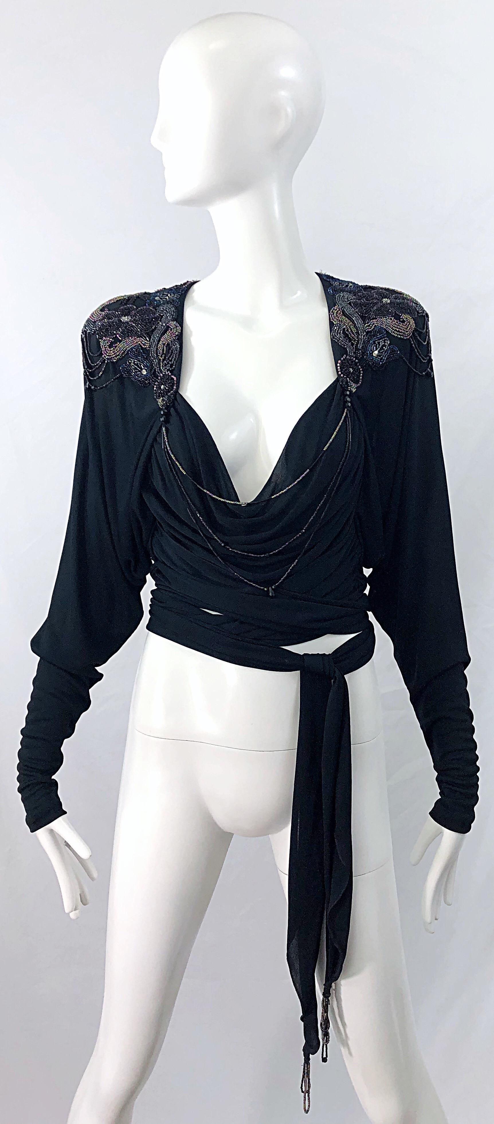 Holly's Harp Late 1970s Black Silk Jersey Beaded Vintage 70s Wrap Crop Top Shirt For Sale 7