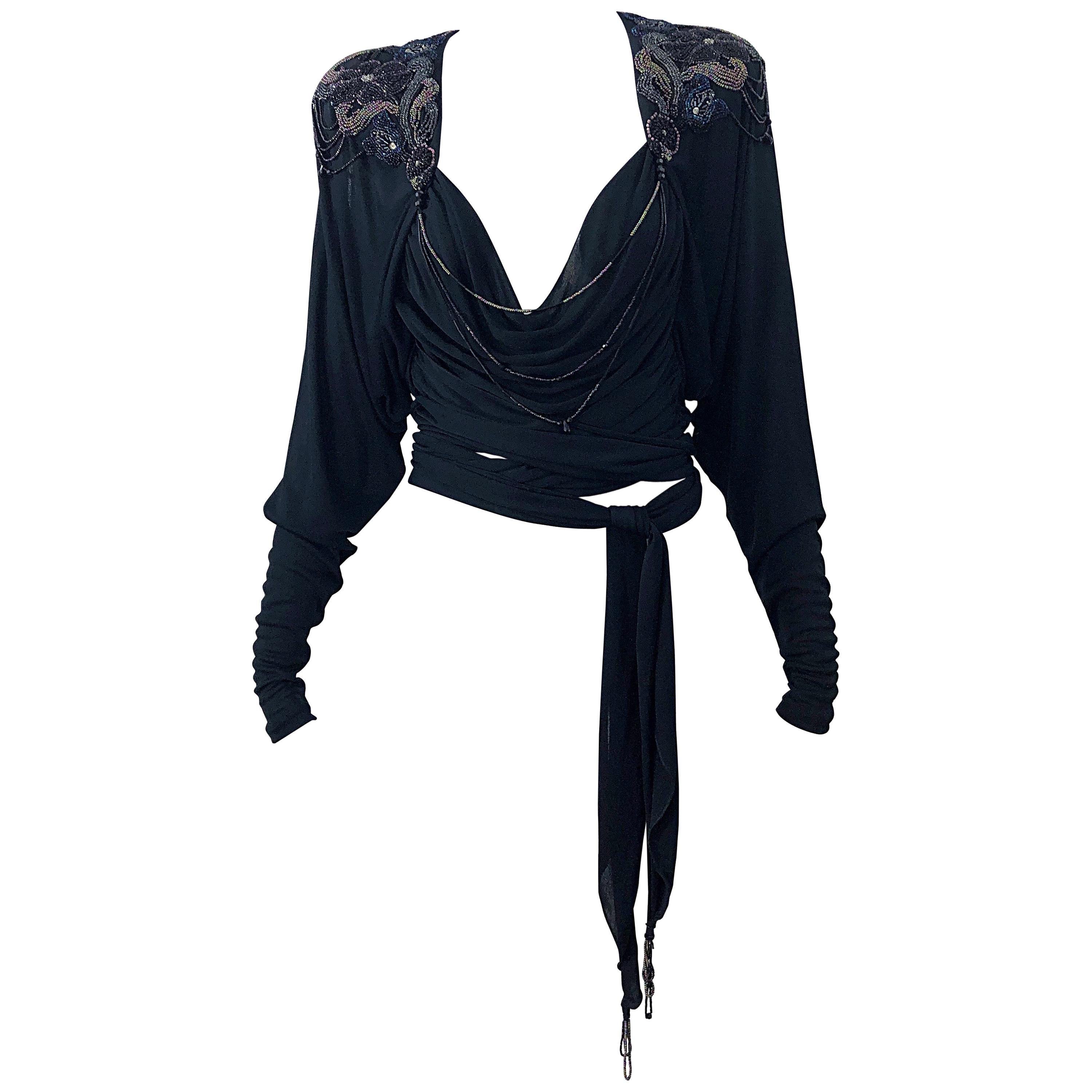Holly's Harp Late 1970s Black Silk Jersey Beaded Vintage 70s Wrap Crop Top Shirt For Sale