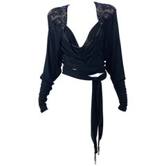 Holly's Harp Late 1970s Black Silk Jersey Beaded Retro 70s Wrap Crop Top Shirt