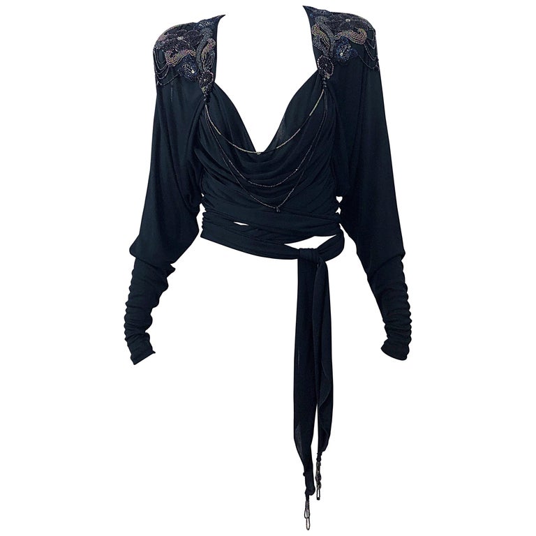 Holly S Harp Late 1970s Black Silk Jersey Beaded Vintage 70s Wrap Crop Top Shirt For Sale At 1stdibs