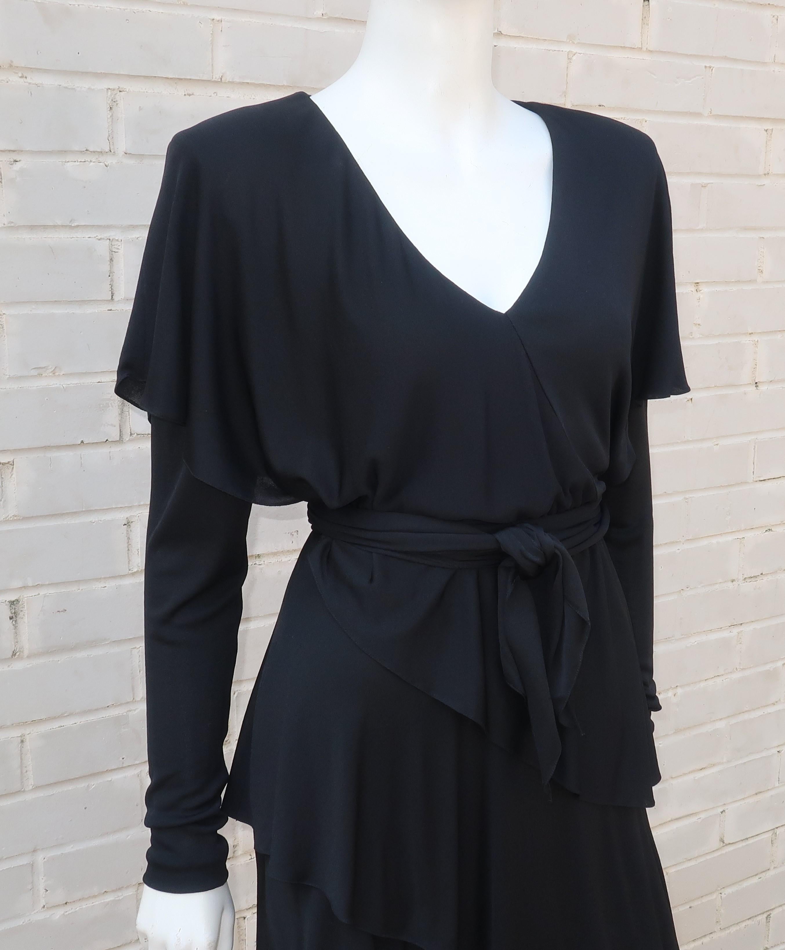 Holly's Harp Tiered Black Silk Jersey Cocktail Dress, C.1980  In Good Condition In Atlanta, GA