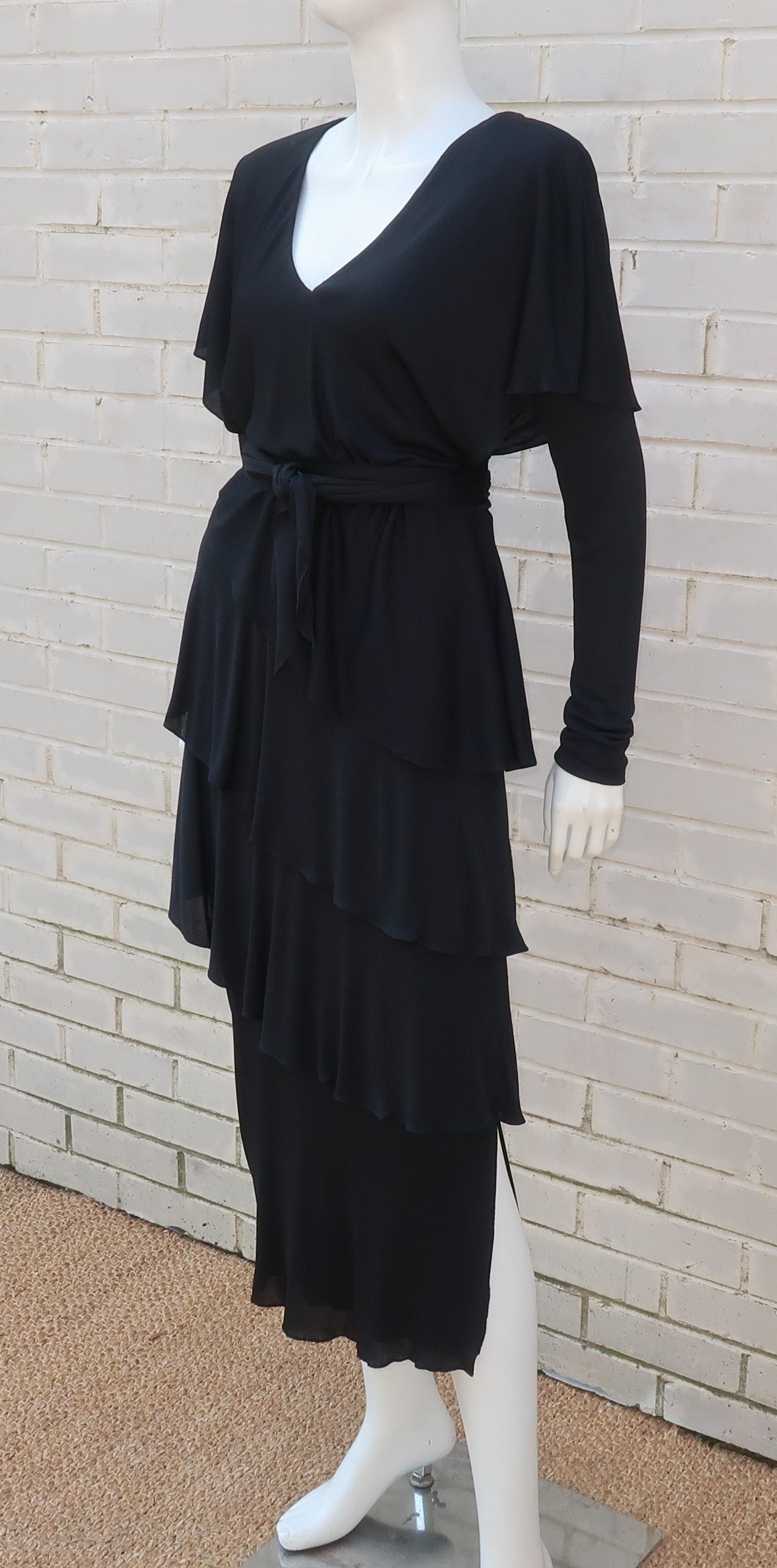 Holly's Harp Tiered Black Silk Jersey Cocktail Dress, C.1980  1