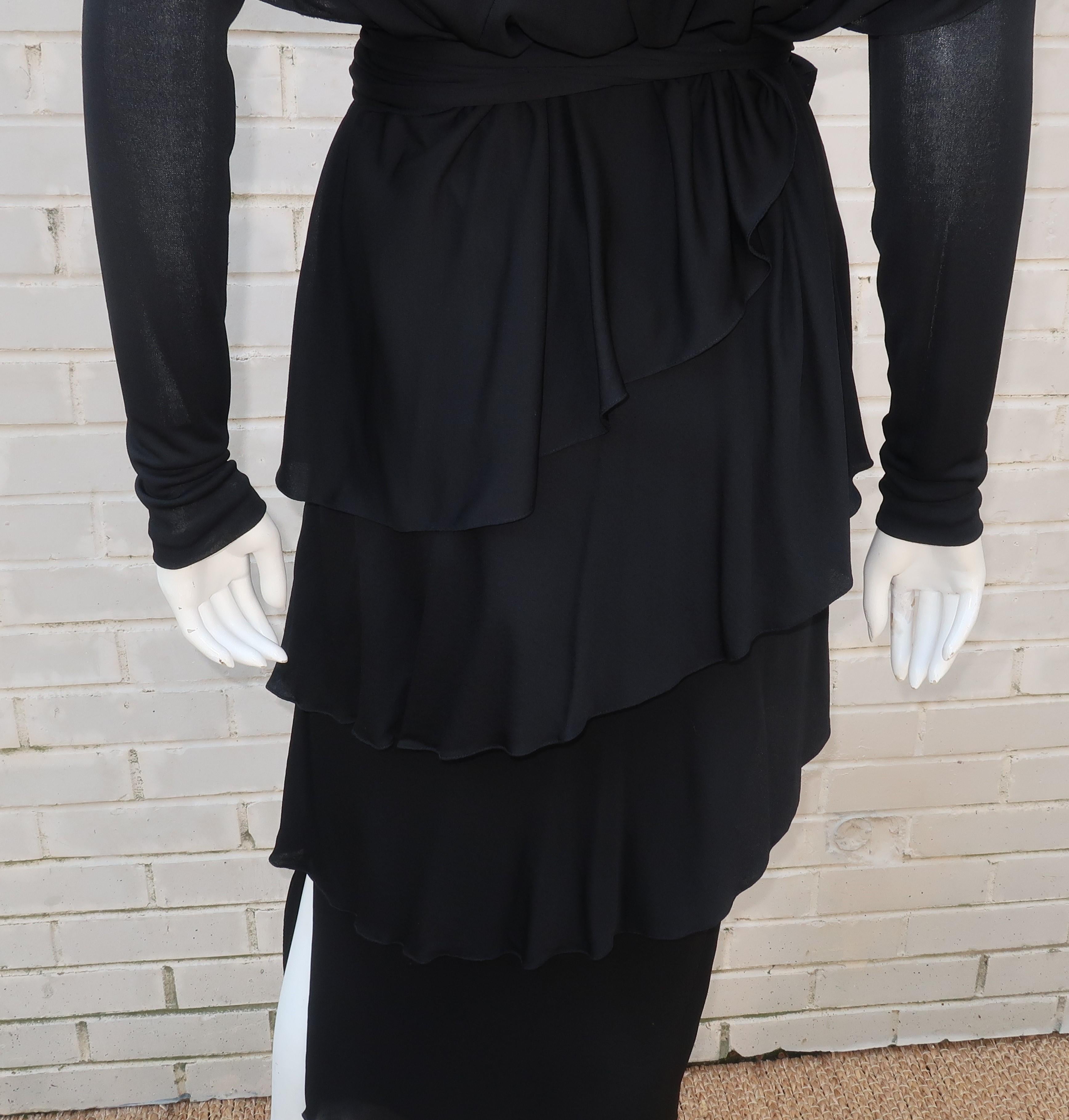 Holly's Harp Tiered Black Silk Jersey Cocktail Dress, C.1980  3