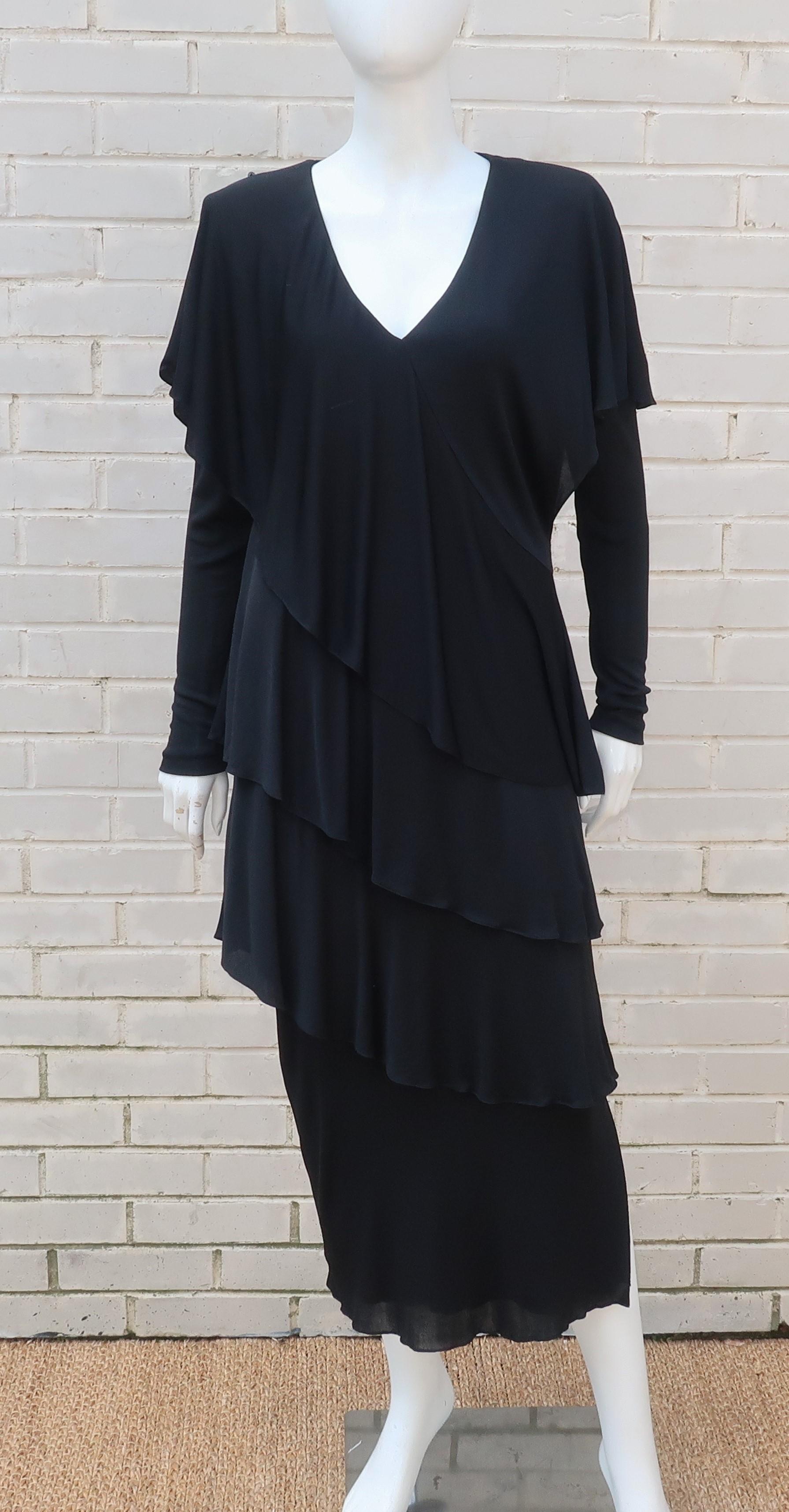 Holly's Harp Tiered Black Silk Jersey Cocktail Dress, C.1980  4