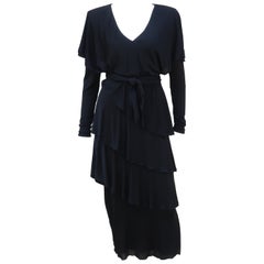 Retro Holly's Harp Tiered Black Silk Jersey Cocktail Dress, C.1980 