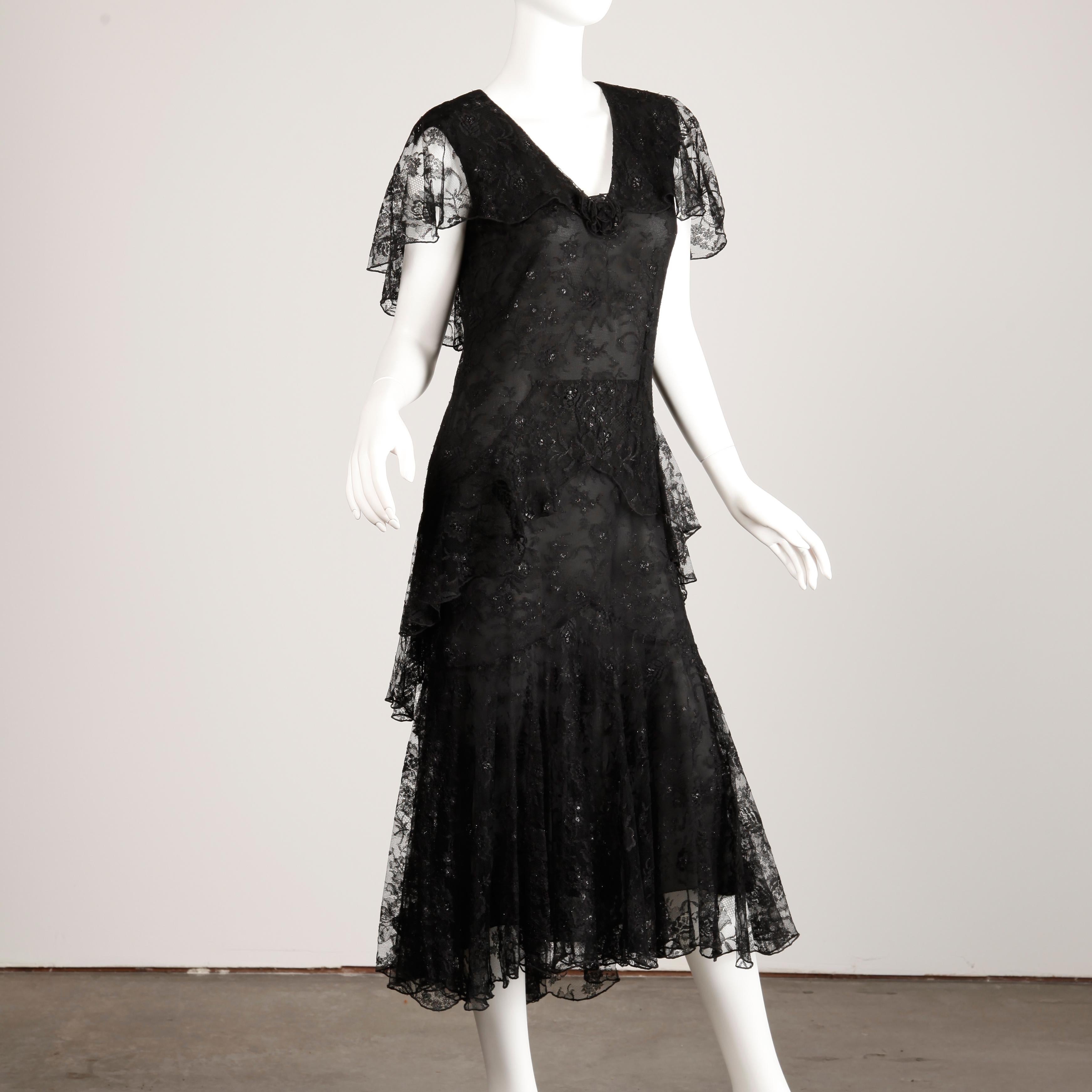 Holly's Harp Vintage Black Lace Flapper Dress In Excellent Condition In Sparks, NV